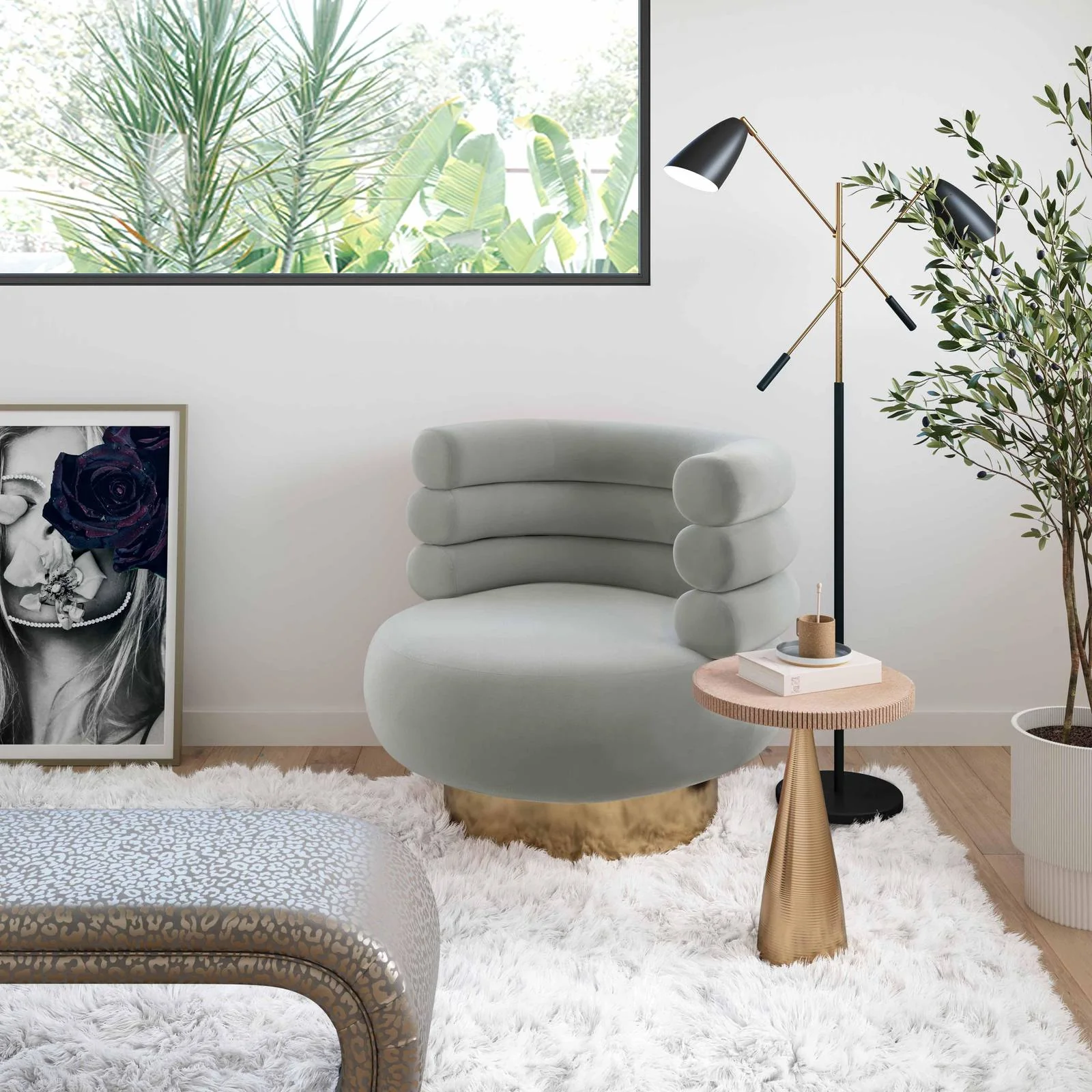 Naomi Grey Velvet Swivel Chair - Image 2