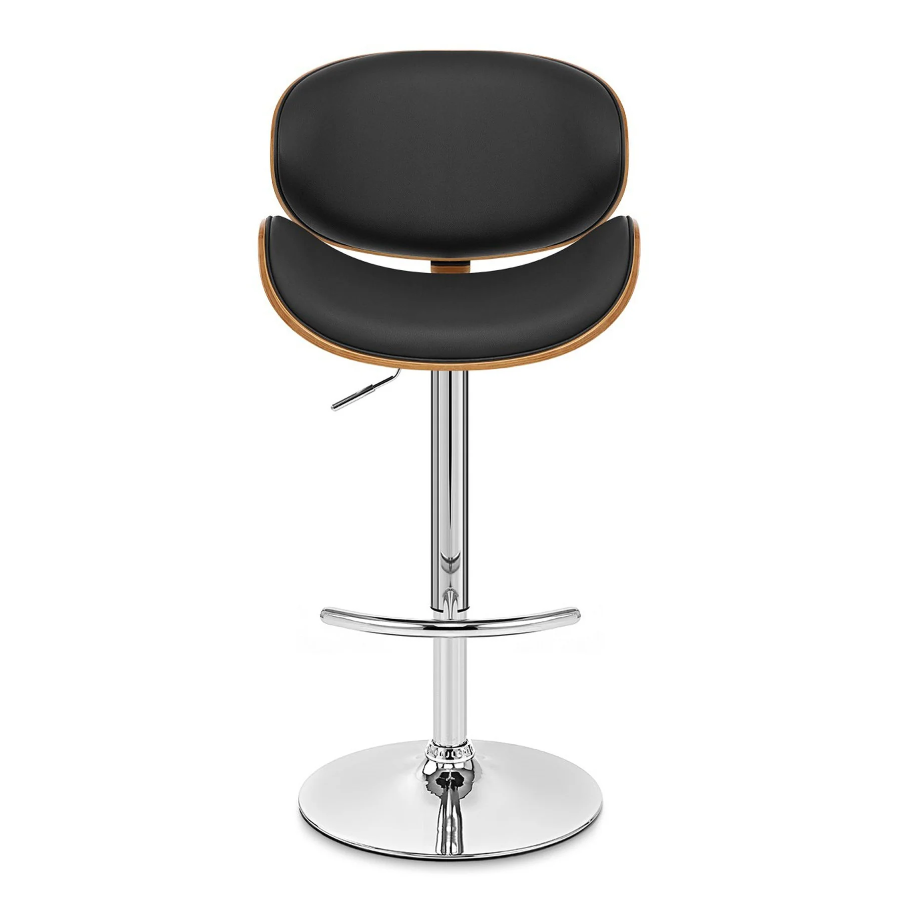 Naples Black Faux Leather Adjustable Height Swivel Walnut Wood and Chrome Base Bar Stool - Image 2