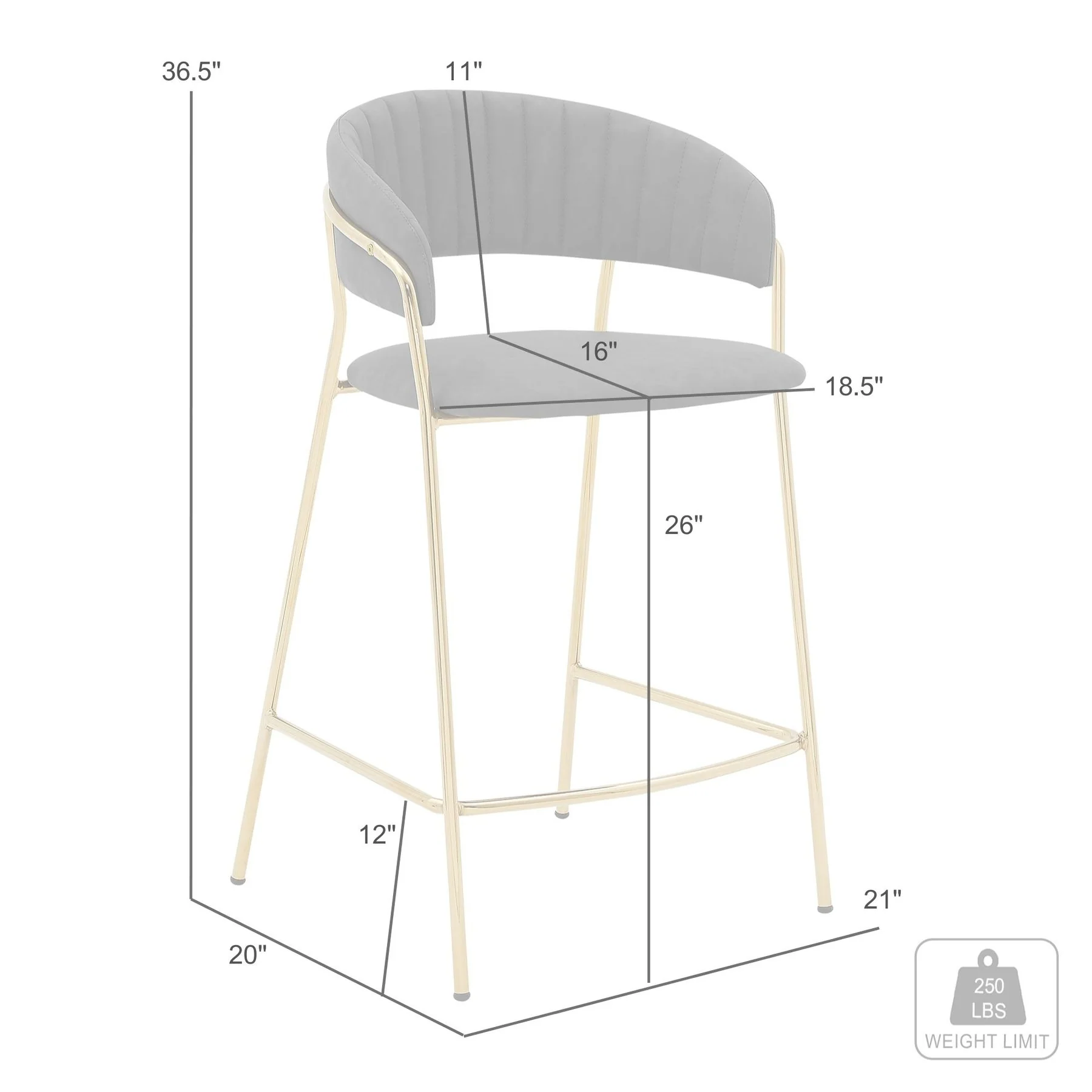 Nara 26" Gray Faux Leather and Metal Counter Height Barstool with Gold Frame - Image 7