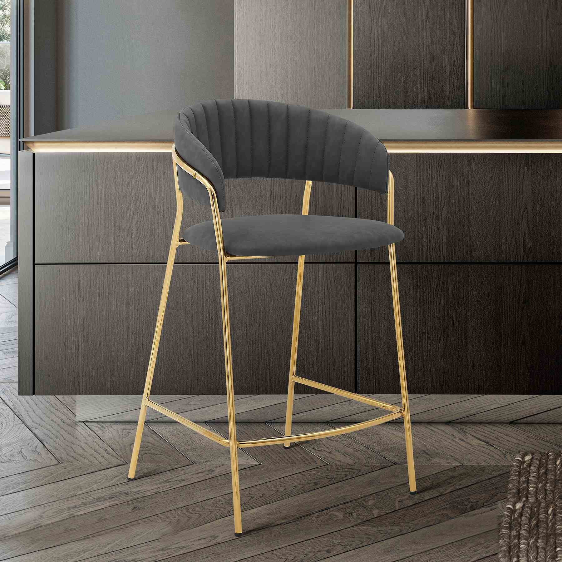 Nara 26" Gray Faux Leather and Metal Counter Height Barstool with Gold Frame - Image 8