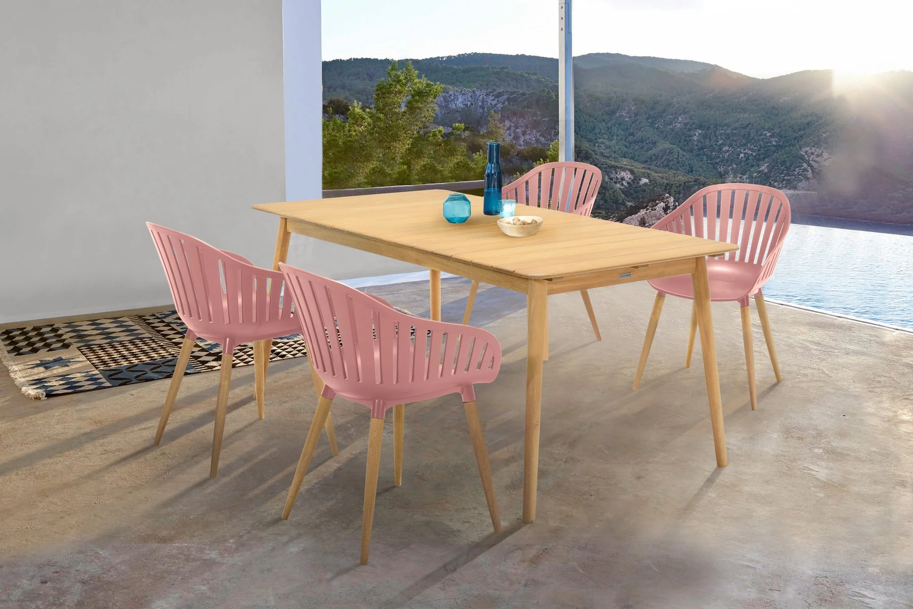 Nassau 5 piece Outdoor Dining Set in Natural Wood Finish Table and Pink Peony Arm Chairs - Image 8