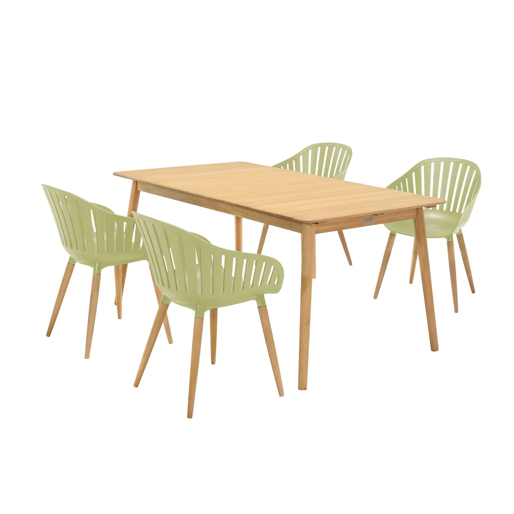 Nassau 5 piece Outdoor Dining Set in Natural Wood Finish Table and Sage Green Arm Chairs
