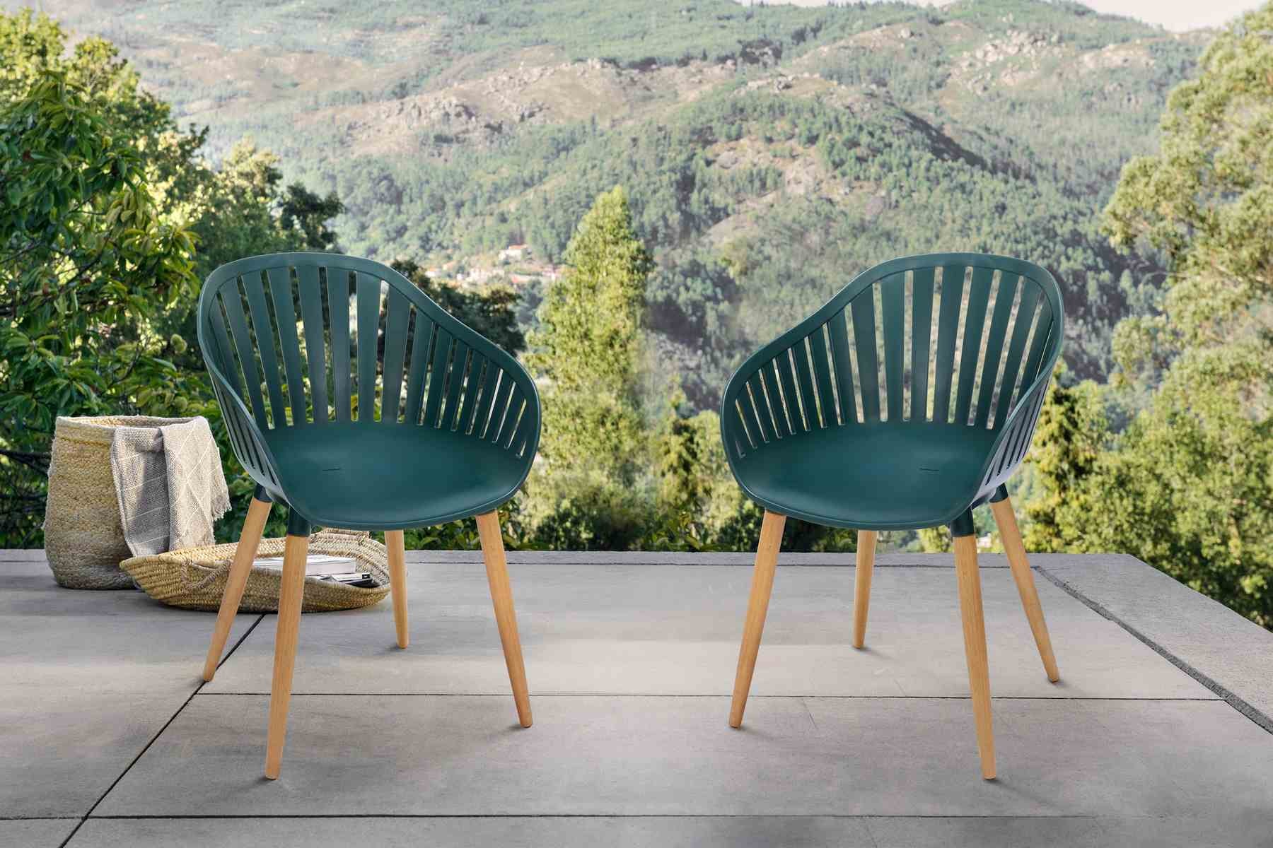Nassau Outdoor Green Dining Chair with Eucalyptus Wood Legs - Set of 2 - Image 7