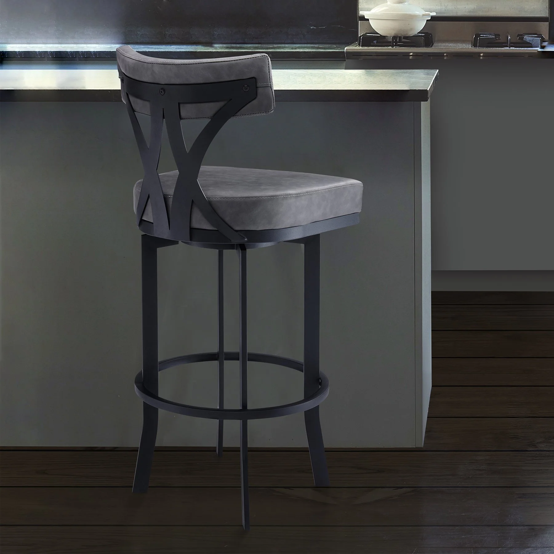 Natalie 30" Bar Height Vintage Gray Faux Leather Upholstery and Black Metal Bar Stool - Image 8
