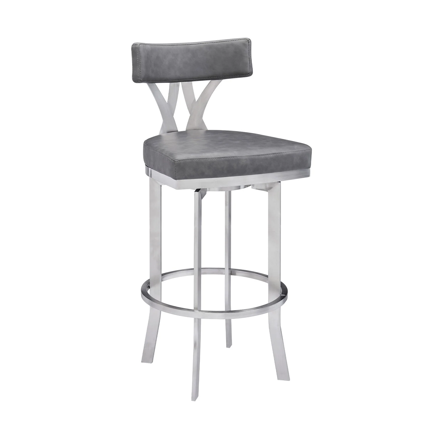 Natalie 30" Bar Height Vintage Gray Faux Leather Upholstery and Brushed Stainless Steel Bar Stool