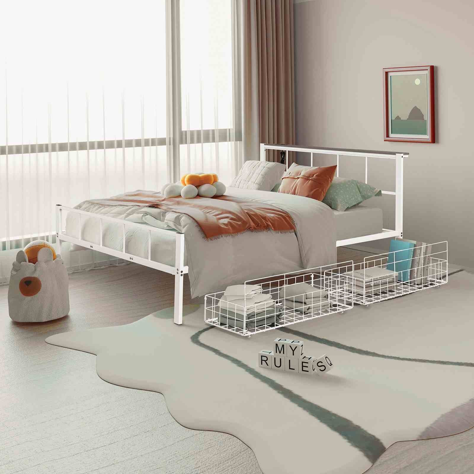 Nicoli Queen Metal Bed w/ Storage,+Mattress White