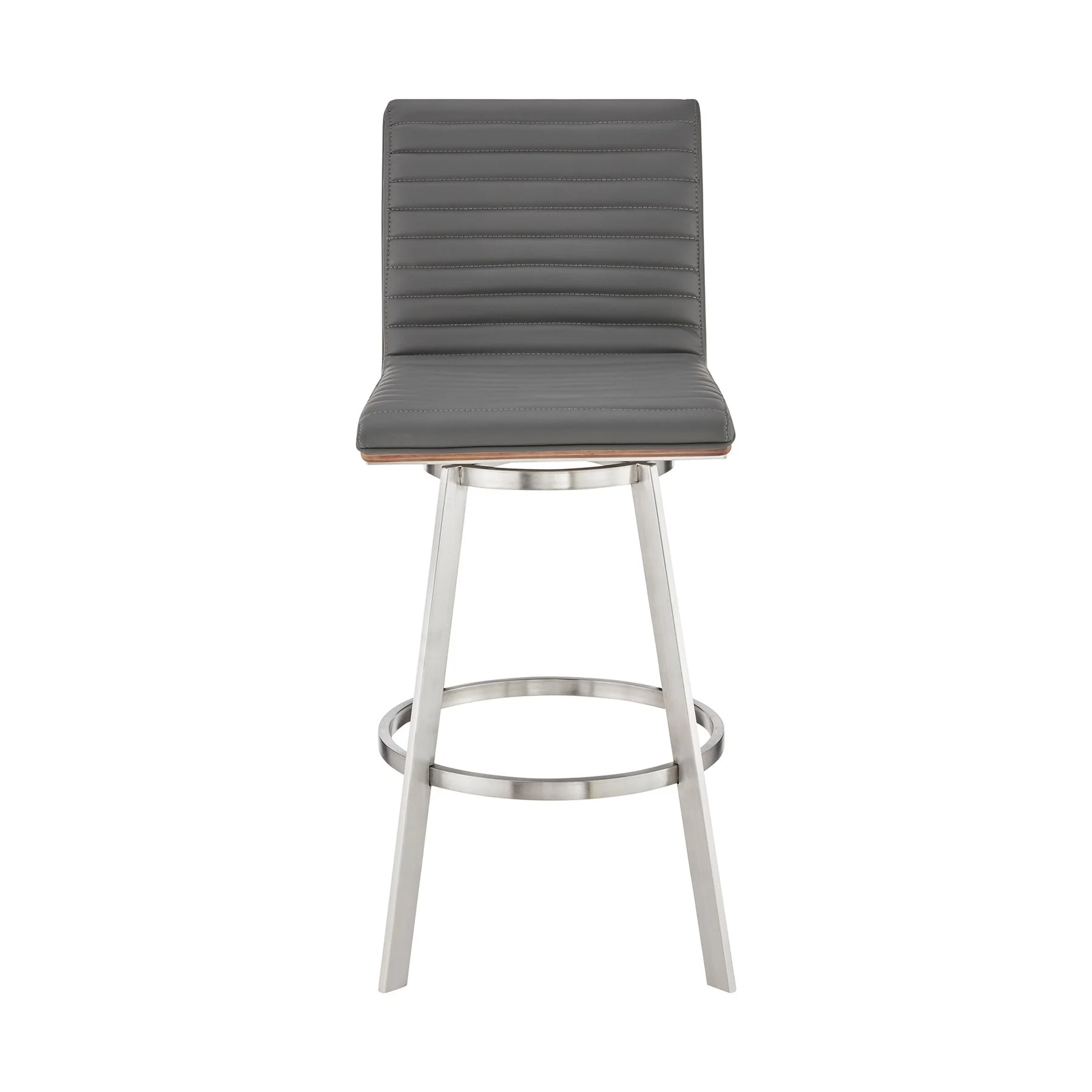 Nikole 26" Counter Height Walnut Swivel Bar Stool in Brushed Stainless Steel Finish and Gray Faux Leather - Image 2