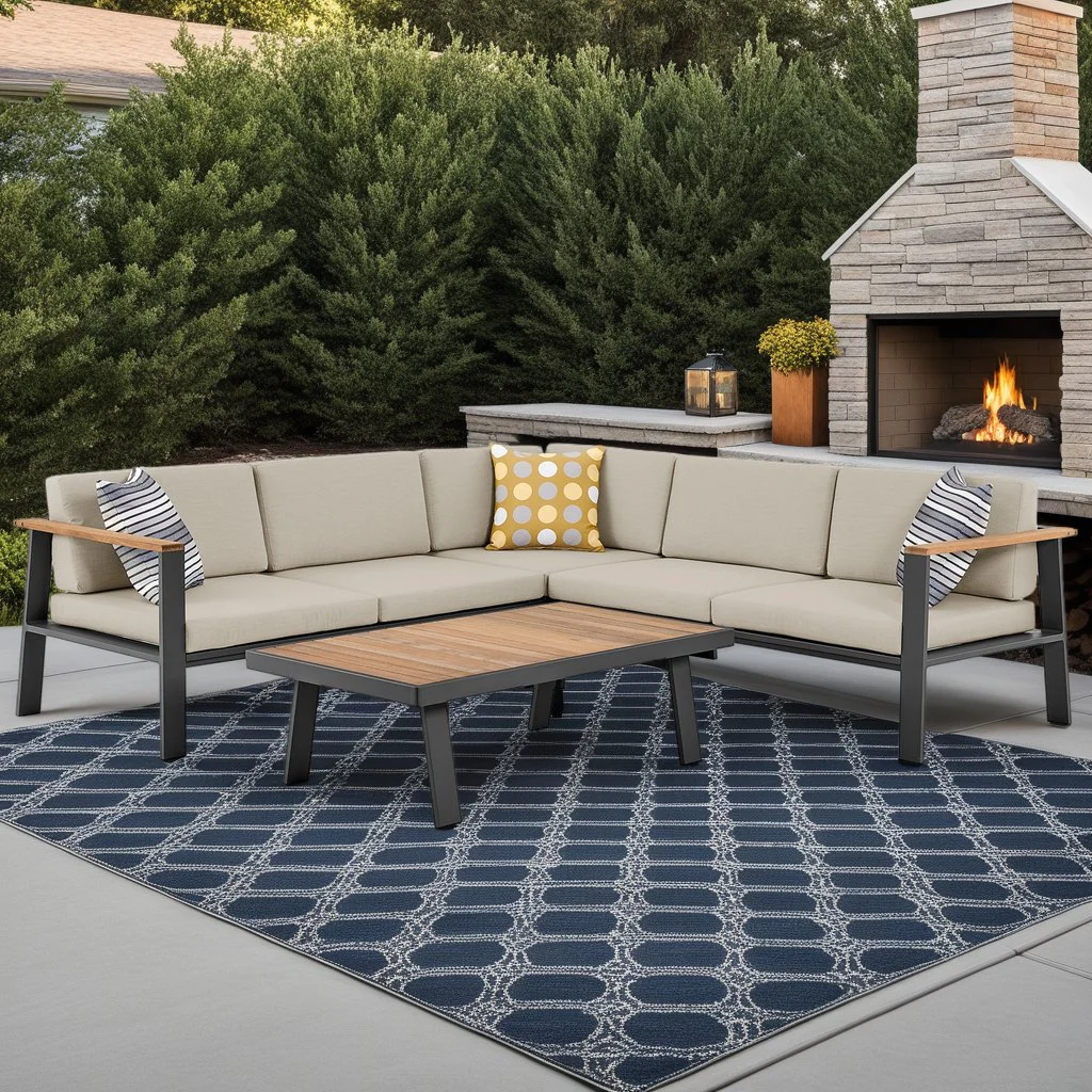 Nofi Aluminum and Teak Wood Outdoor Sectional Sofa in Charcoal and Taupe - Image 6