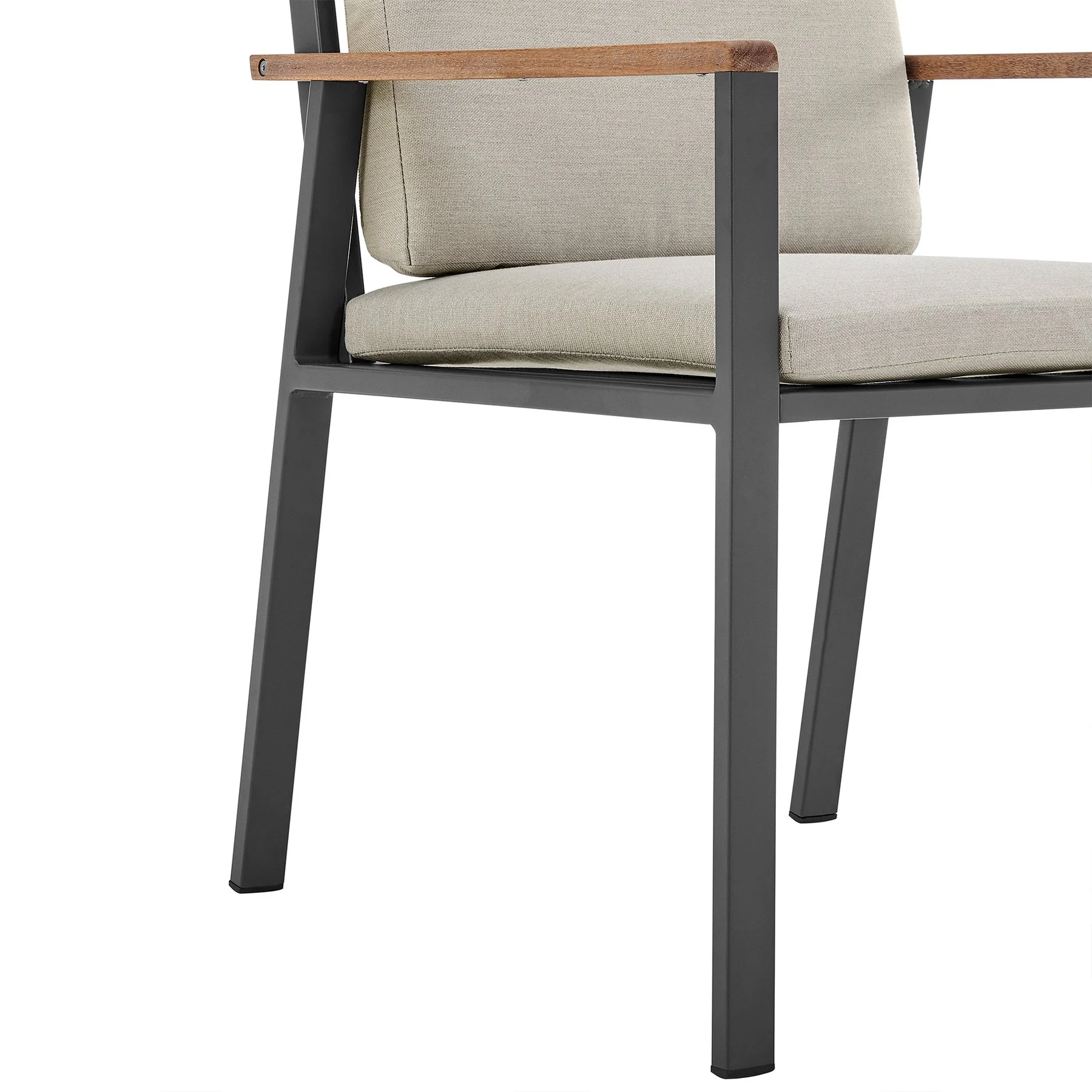 Nofi Outdoor Patio Dining Chair in Charcoal Finish with Taupe Cushions and Teak Wood Accent Arms - Set of 2 - Image 5