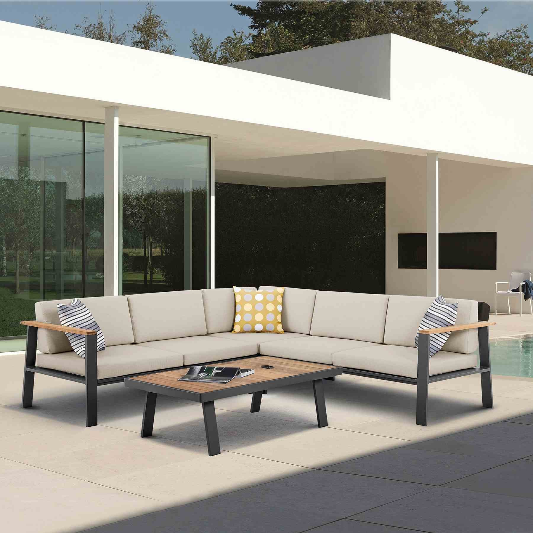 Nofi Outdoor Patio Sectional Set in Charcoal Finish with Taupe Cushions and Teak Wood - Image 8