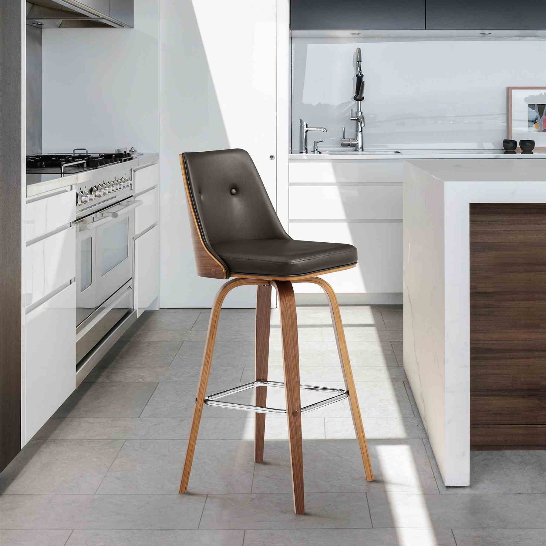Nolte 30" Swivel Bar Stool in Brown Faux Leather and Walnut Wood - Image 9