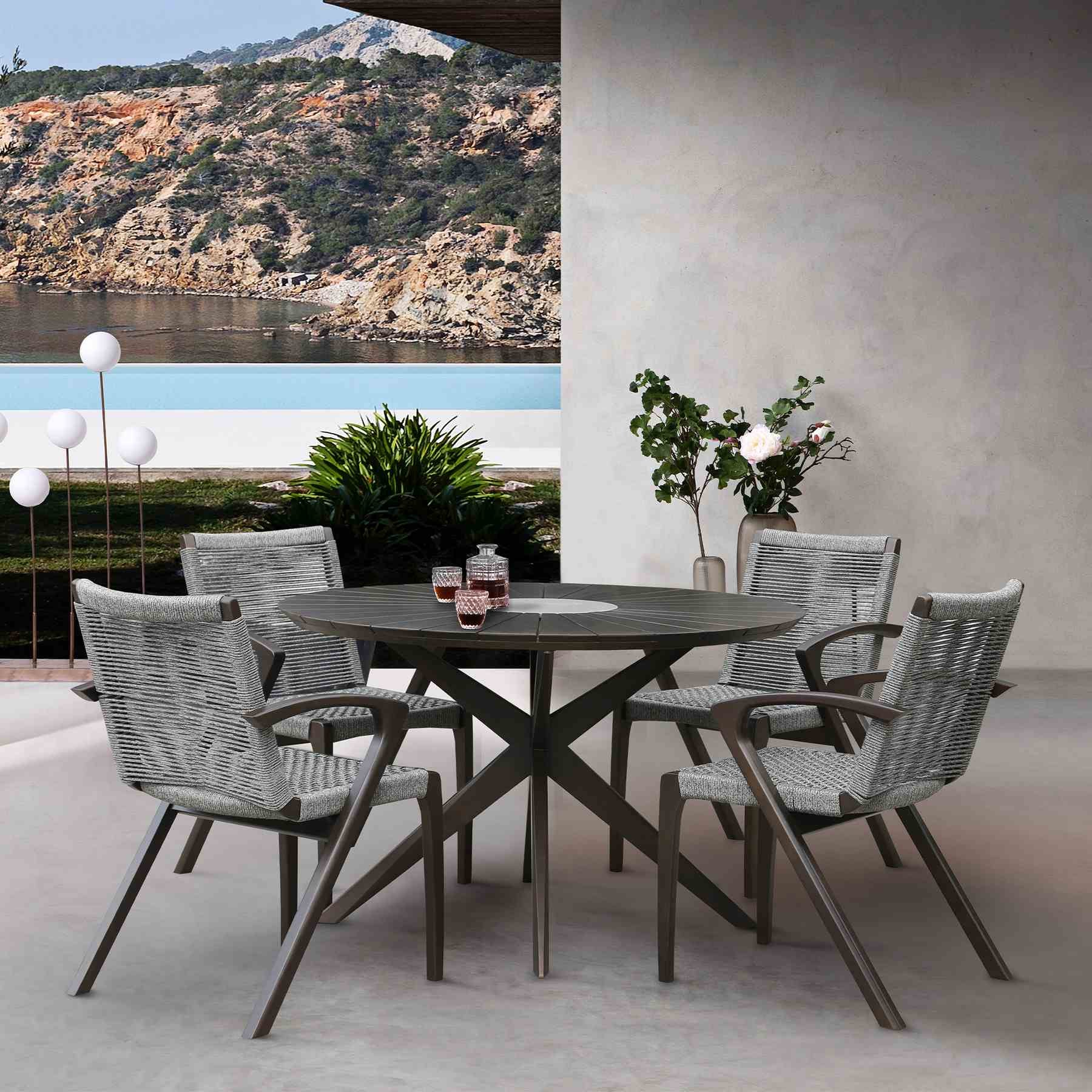 Oasis Outdoor Dark Eucalyptus Wood and Stone Round Dining Table - Image 7