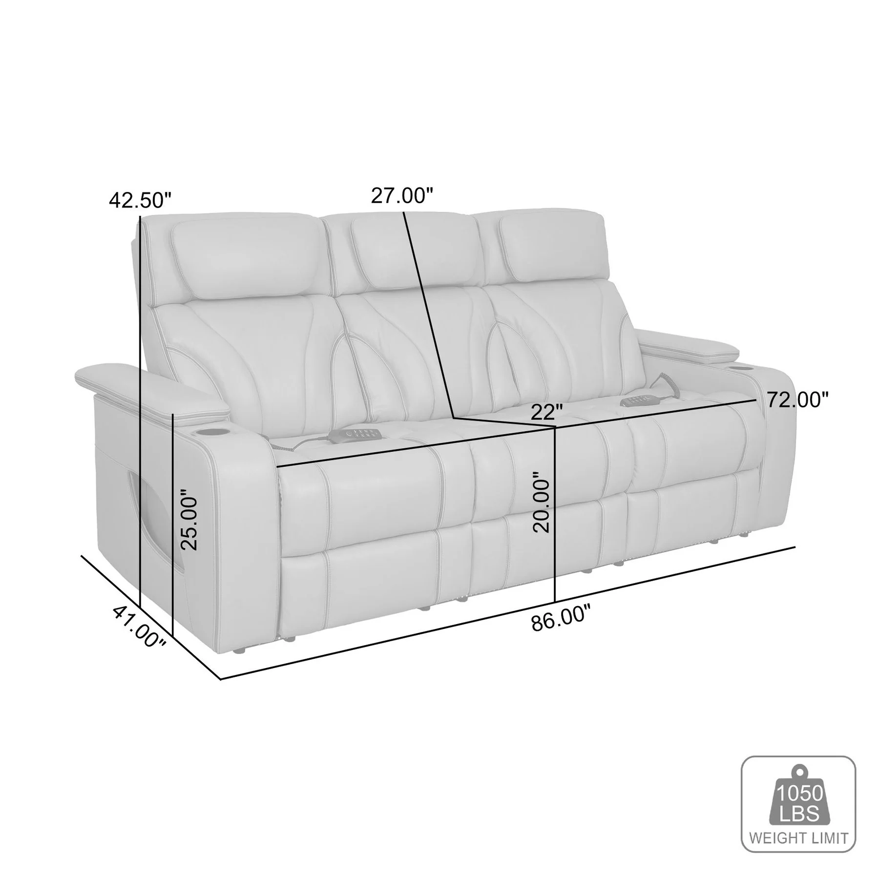 Octavia 86" Zero Gravity Power Reclining Sofa with Heat and Massage in Silver and Gray Leather - Image 14