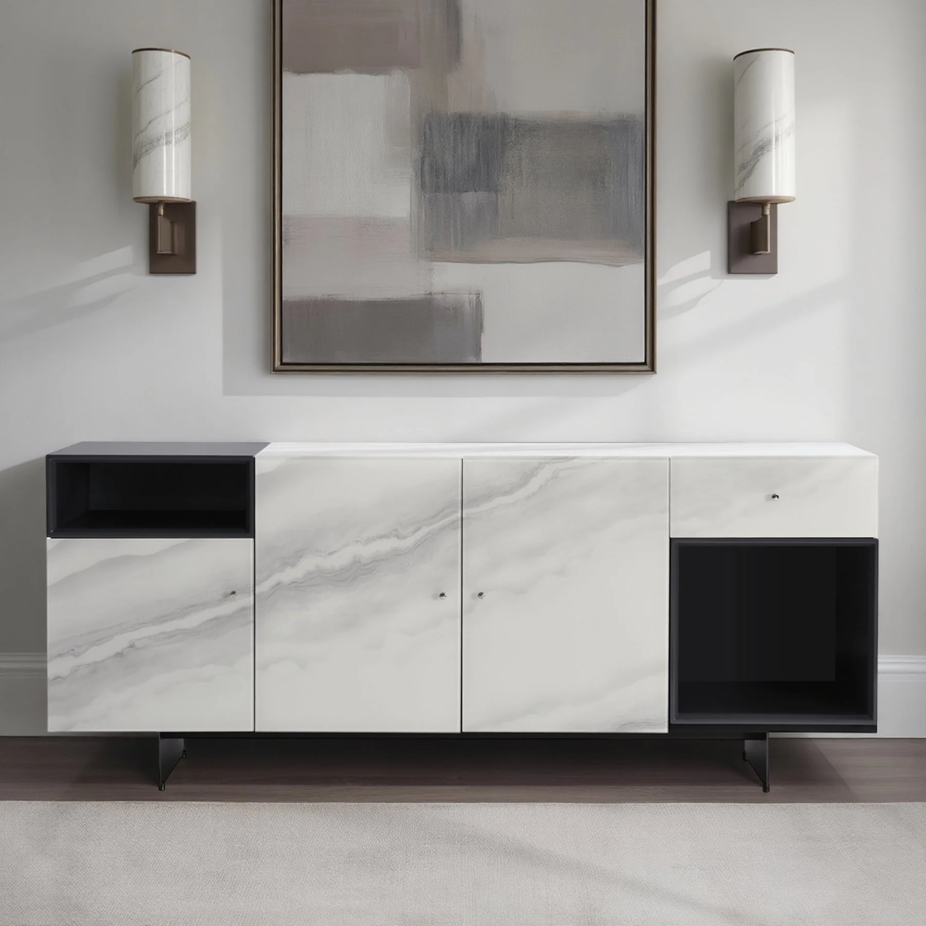 Olivia Modern 3-Door Sideboard with White Marble-Effect Tempered Glass and Black Open Shelving - Image 11