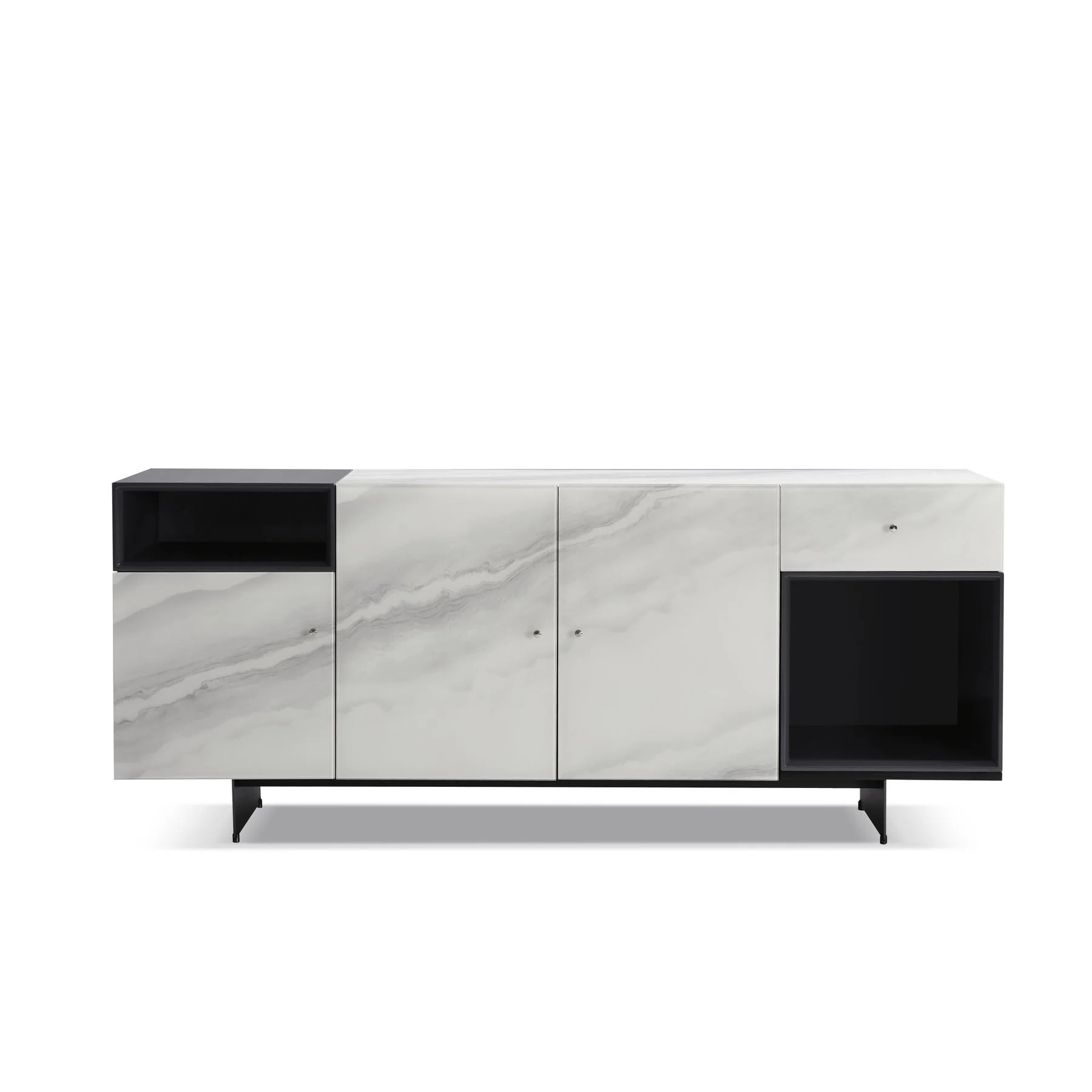 Olivia Modern 3-Door Sideboard with White Marble-Effect Tempered Glass and Black Open Shelving - Image 2