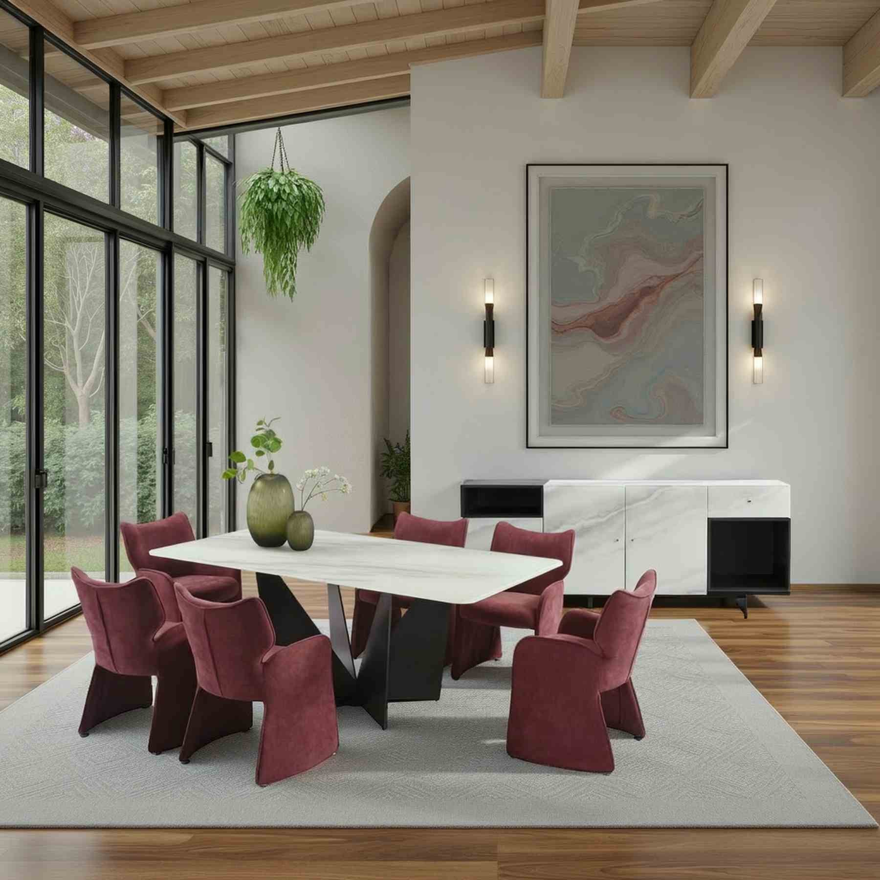 Olivia Modern 7-Piece Dining Set with Plum Upholstered Chairs and Tempered Glass Tabletop - Image 10