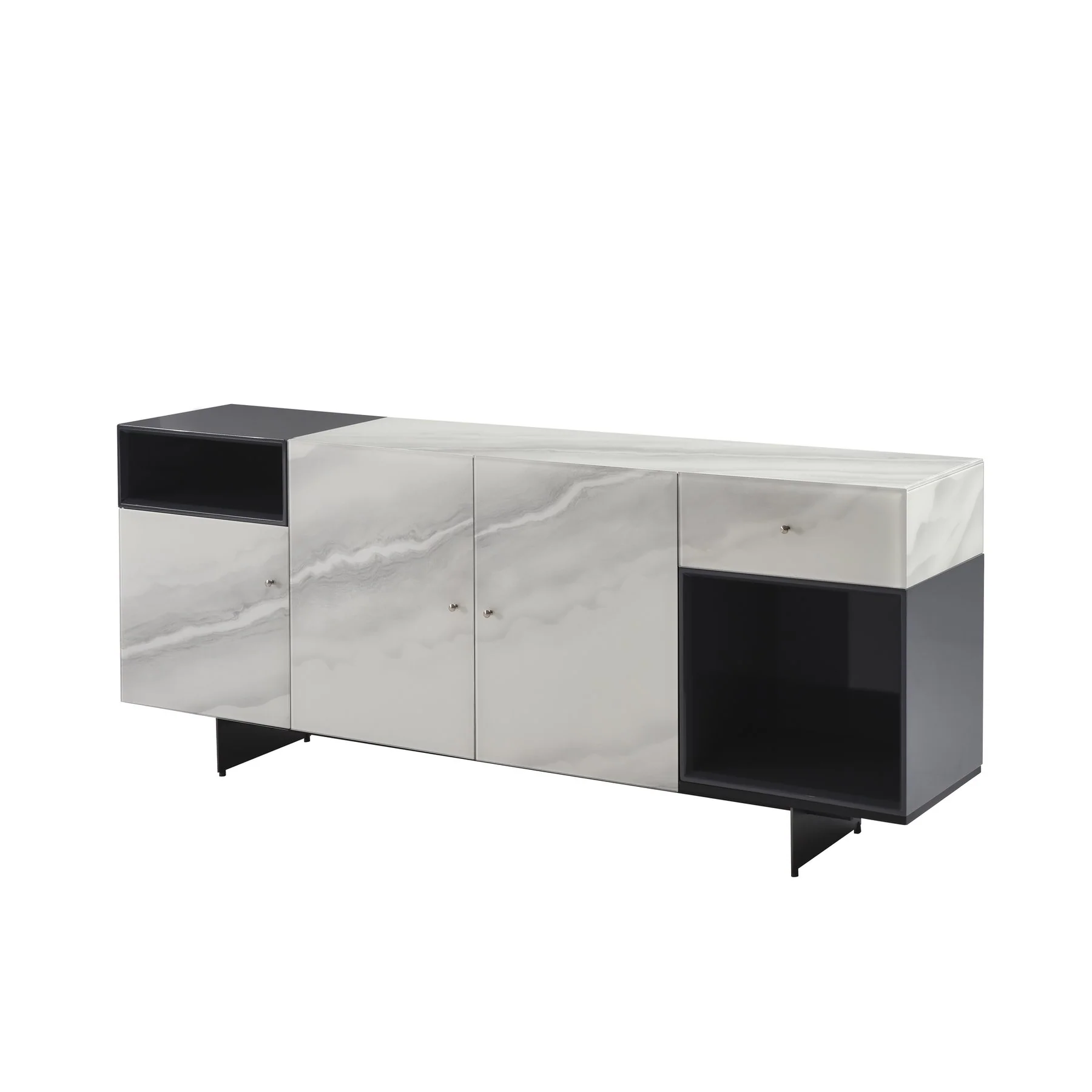 Olivia Modern 8-Piece Dining Set with Tempered Glass Table, Gray Upholstered Armchairs, and 3-Door Sideboard - Image 7