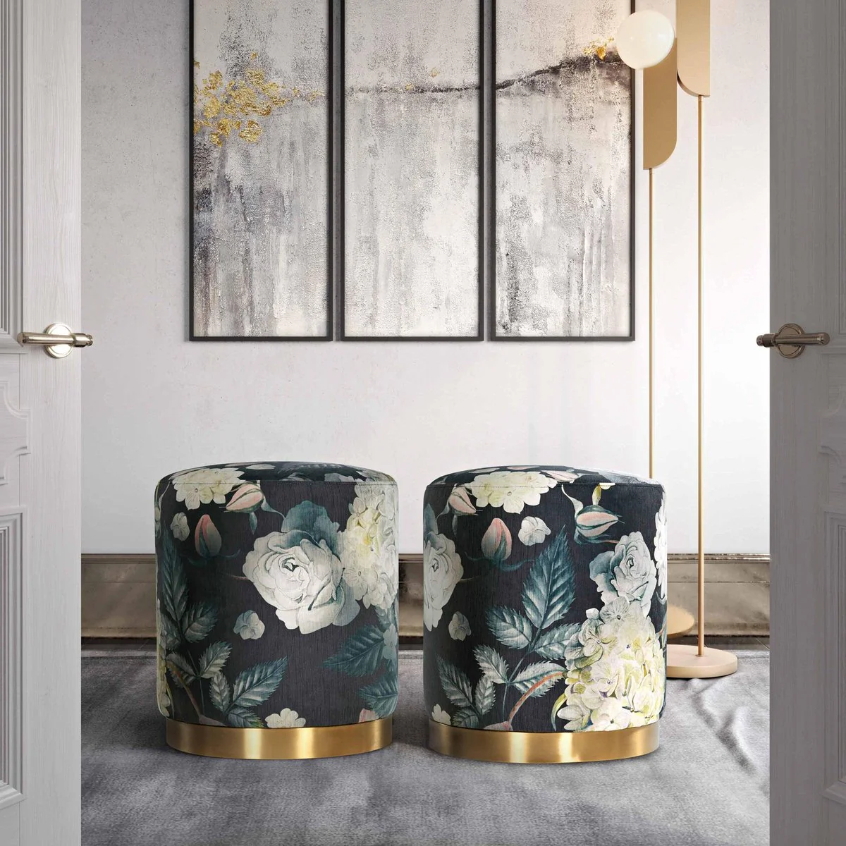 Opal Floral Velvet Ottoman with Gold Base - Image 2