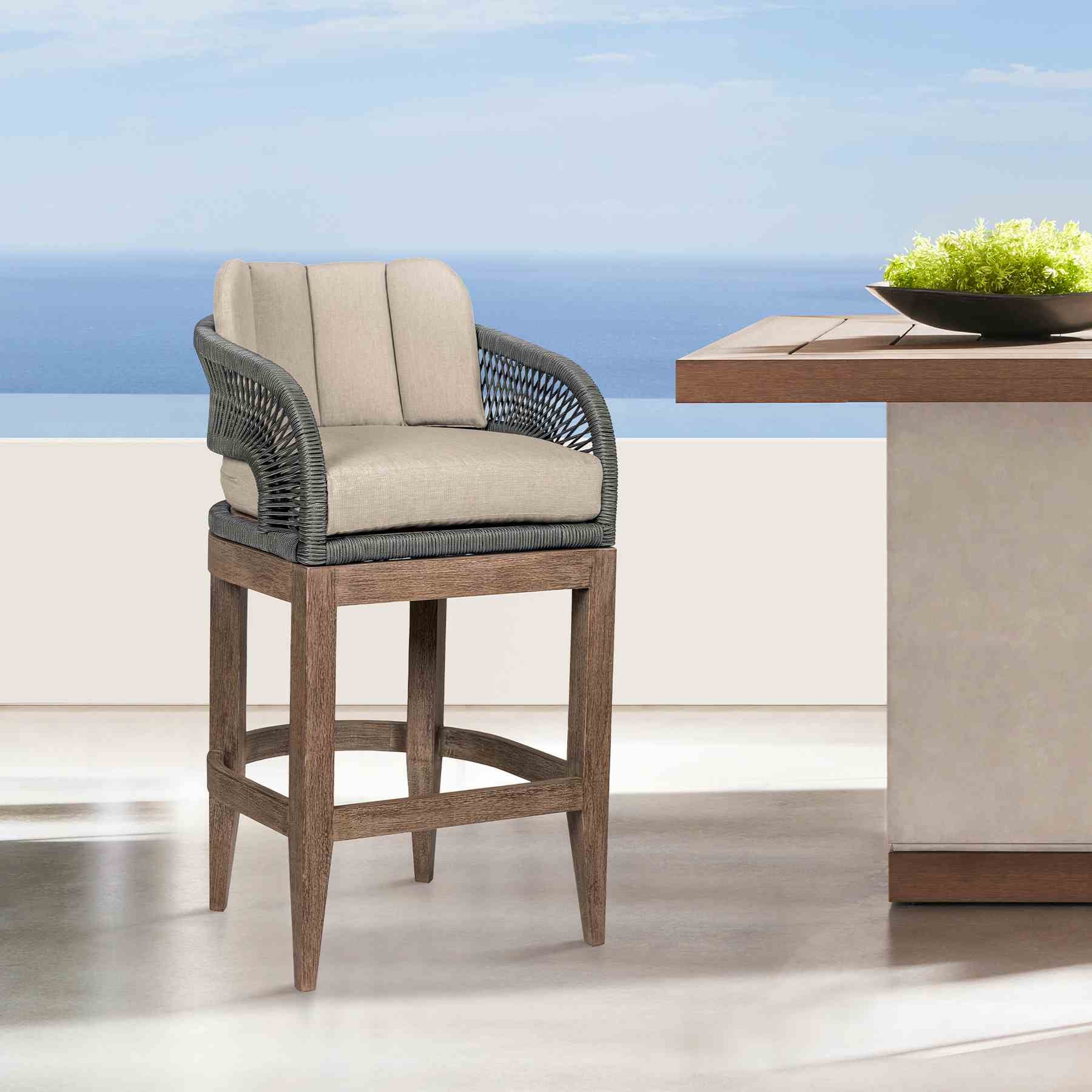 Orbit Outdoor Patio 26" Counter Stool in Weathered Eucalyptus Wood with Gray Rope and Taupe Olefin Cushions - Image 11