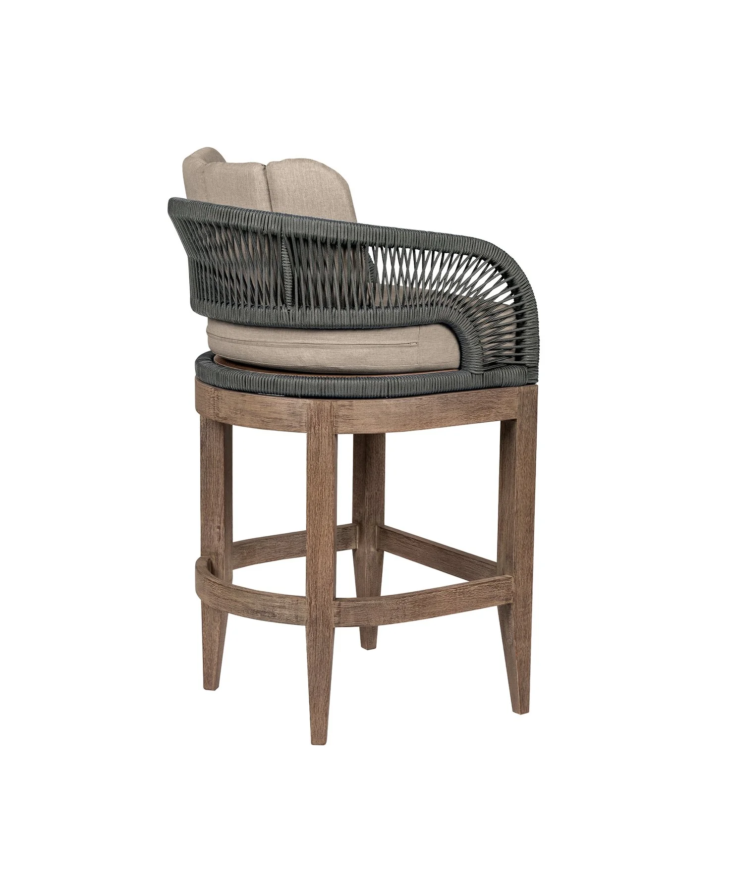 Orbit Outdoor Patio 26" Counter Stool in Weathered Eucalyptus Wood with Gray Rope and Taupe Olefin Cushions - Image 4