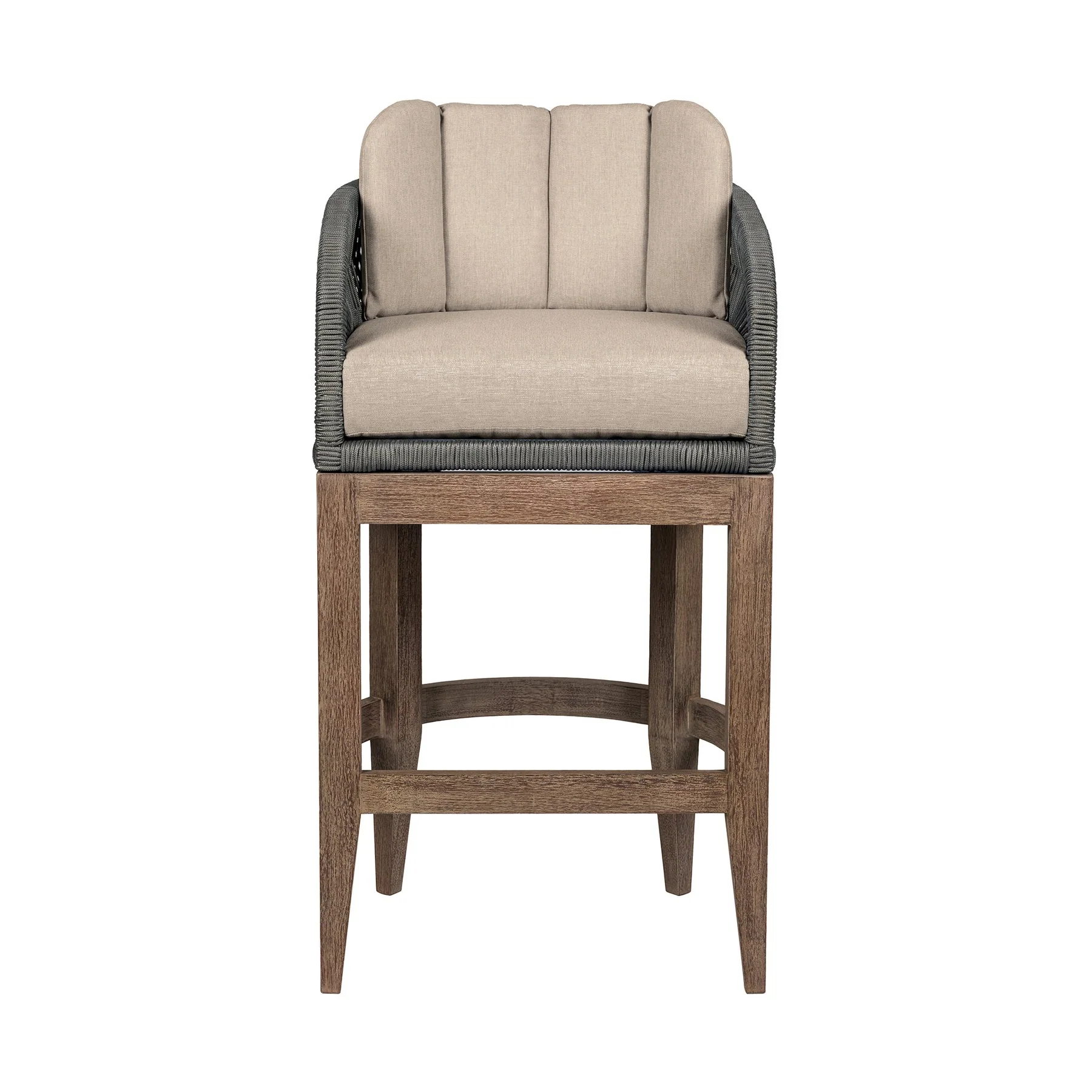 Orbit Outdoor Patio 30" Bar Stool in Weathered Eucalyptus Wood with Gray Rope and Taupe Olefin Cushions - Image 2