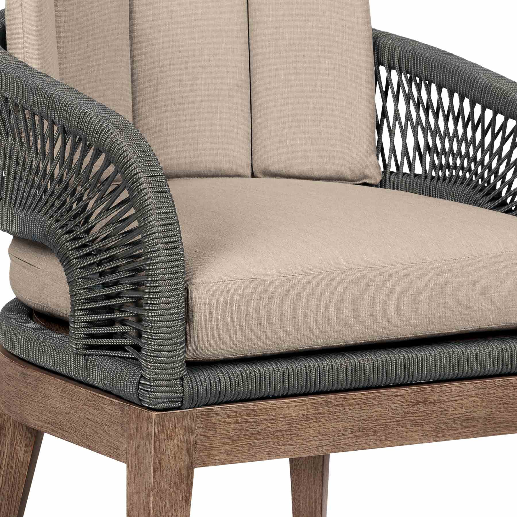 Orbit Outdoor Patio 5 Piece Dining Set in Weathered Eucalyptus Wood with Gray Rope and Taupe Olefin Cushions - Image 7