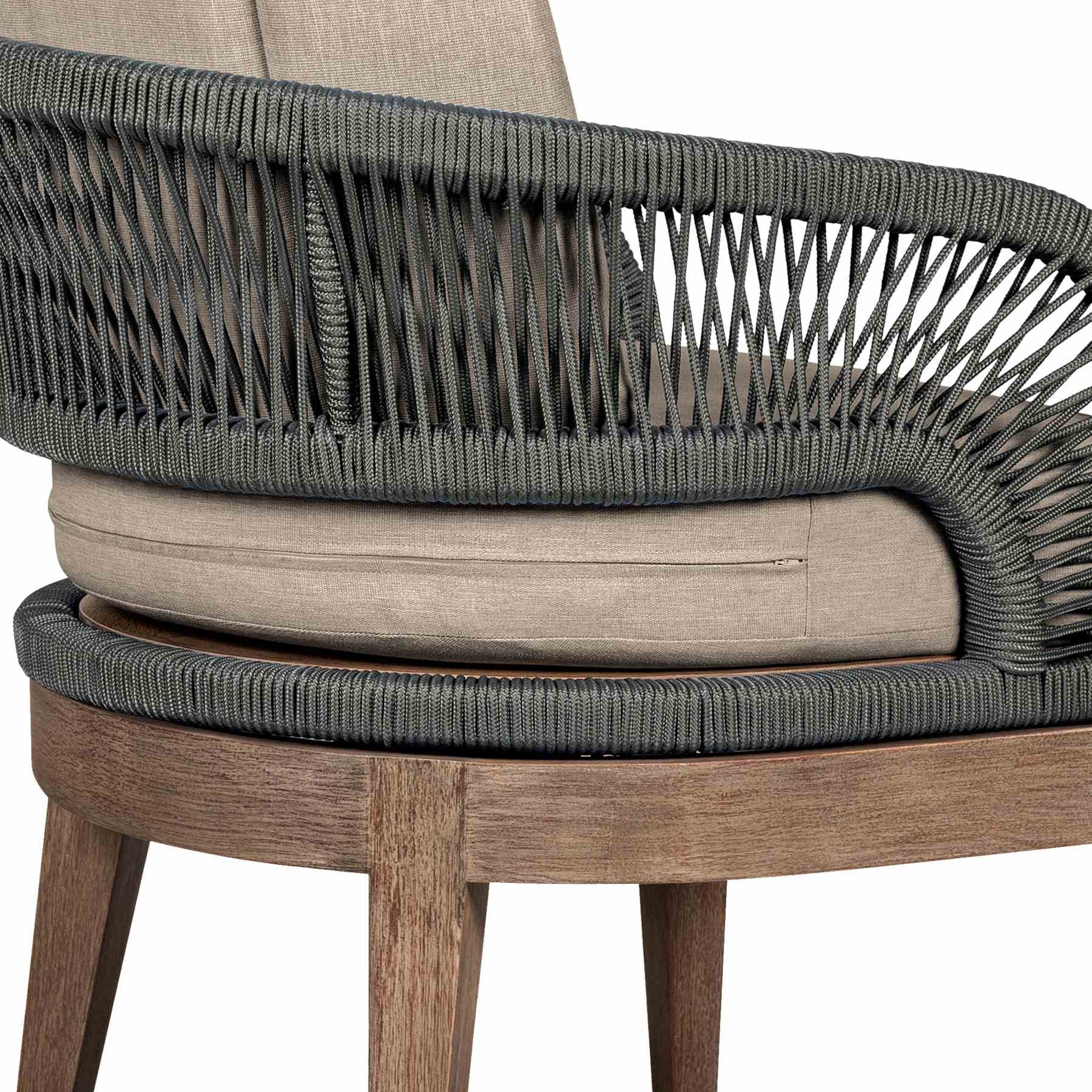 Orbit Outdoor Patio 5 Piece Dining Set in Weathered Eucalyptus Wood with Gray Rope and Taupe Olefin Cushions - Image 8