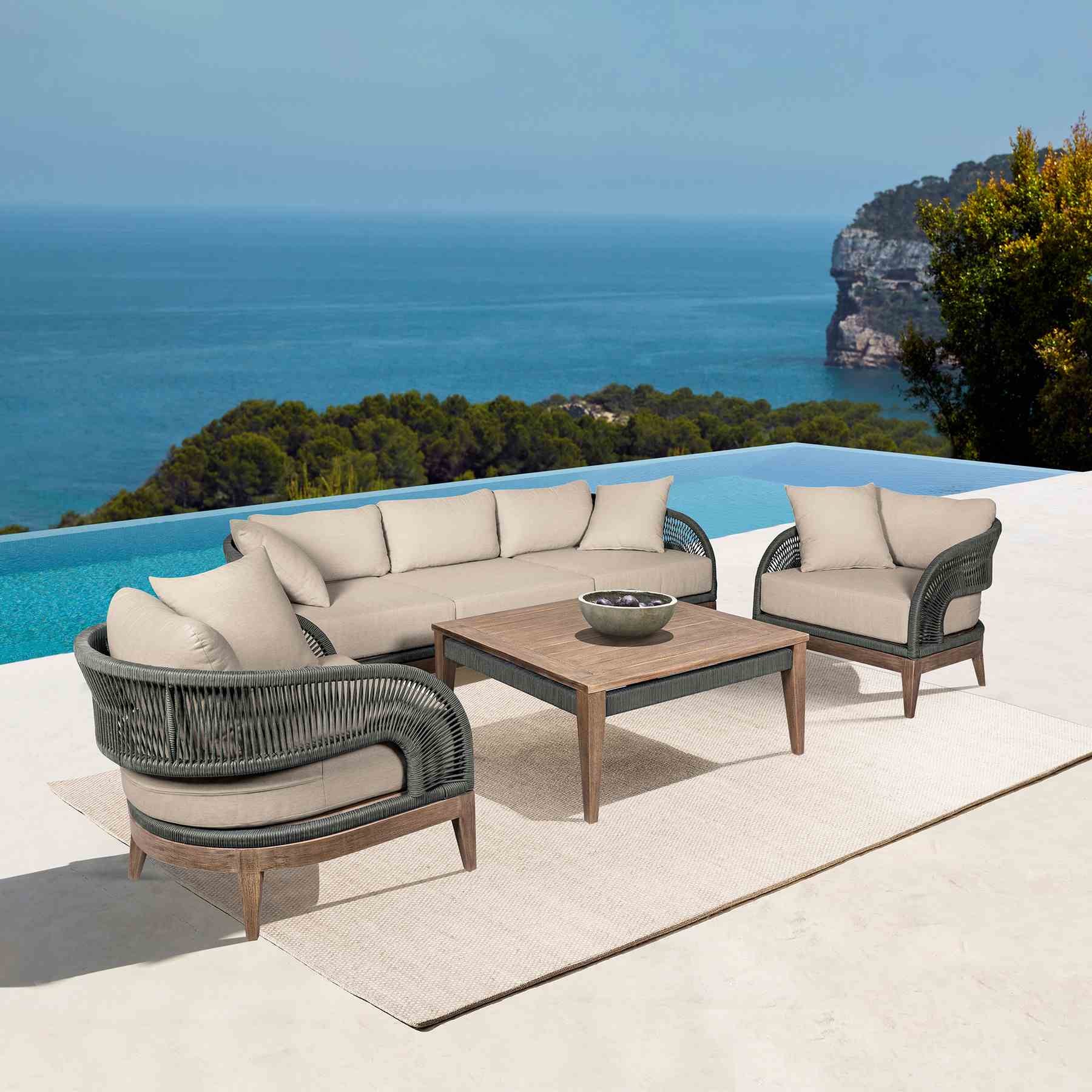 Orbit Outdoor Patio Chair in Weathered Eucalyptus Wood with Gray Rope and Taupe Olefin Cushions - Image 11
