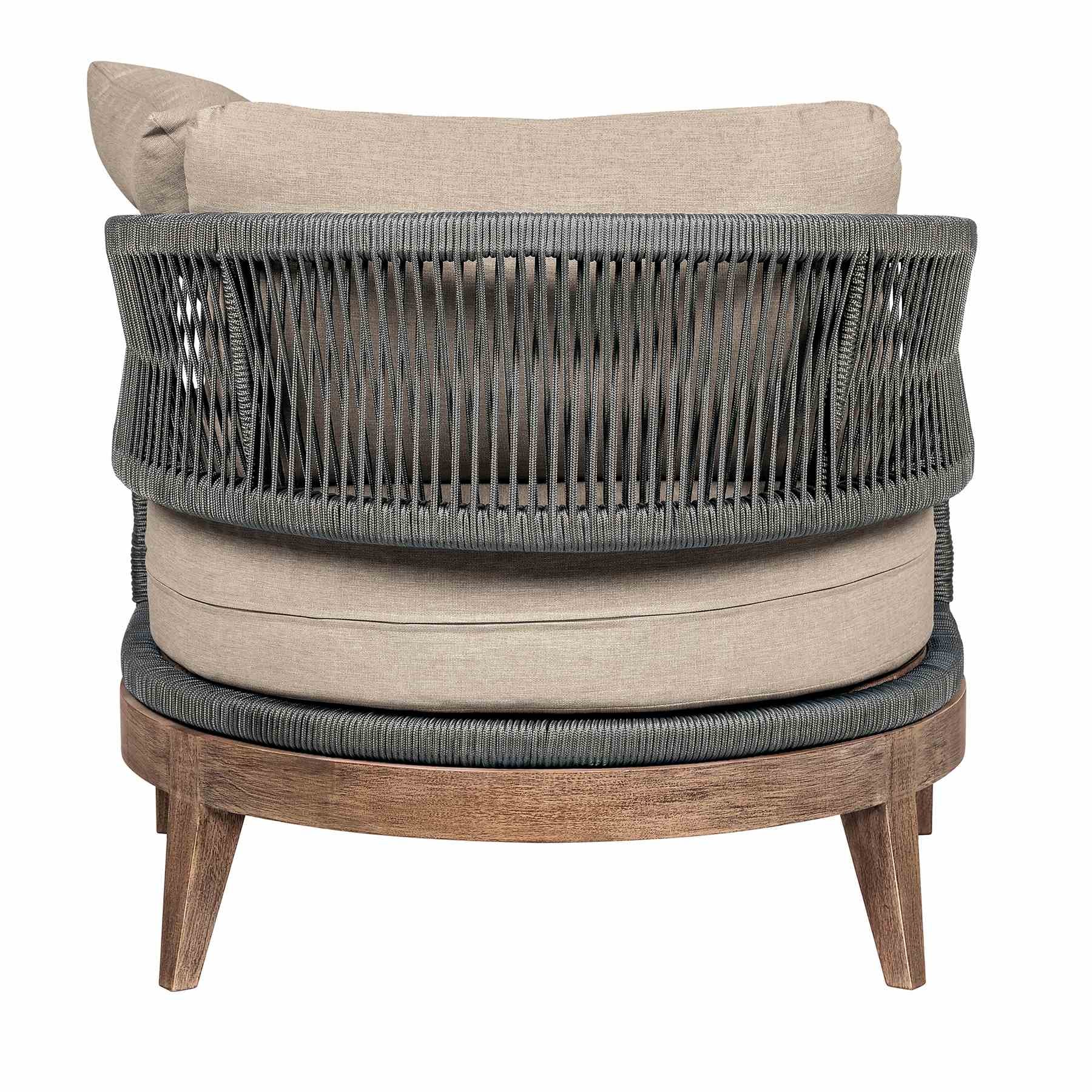 Orbit Outdoor Patio Chair in Weathered Eucalyptus Wood with Gray Rope and Taupe Olefin Cushions - Image 4