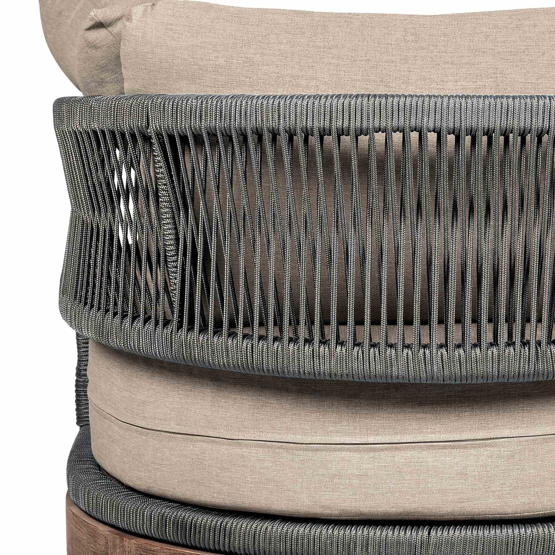 Orbit Outdoor Patio Chair in Weathered Eucalyptus Wood with Gray Rope and Taupe Olefin Cushions - Image 6