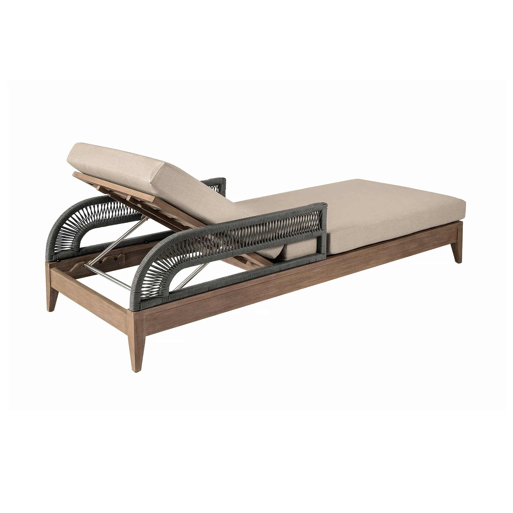 Orbit Outdoor Patio Chaise Lounge Chair in Weathered Eucalyptus Wood with Gray Rope and Taupe Olefin Cushions - Image 5