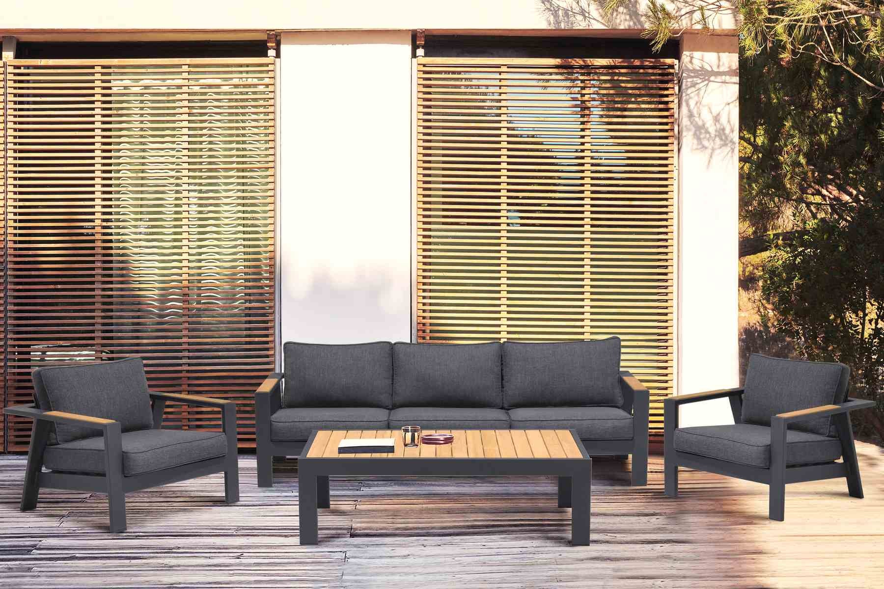 Palau 4 Piece Outdoor Sofa Set in Dark Gray with Natural Teak Wood Accent Top - Image 8