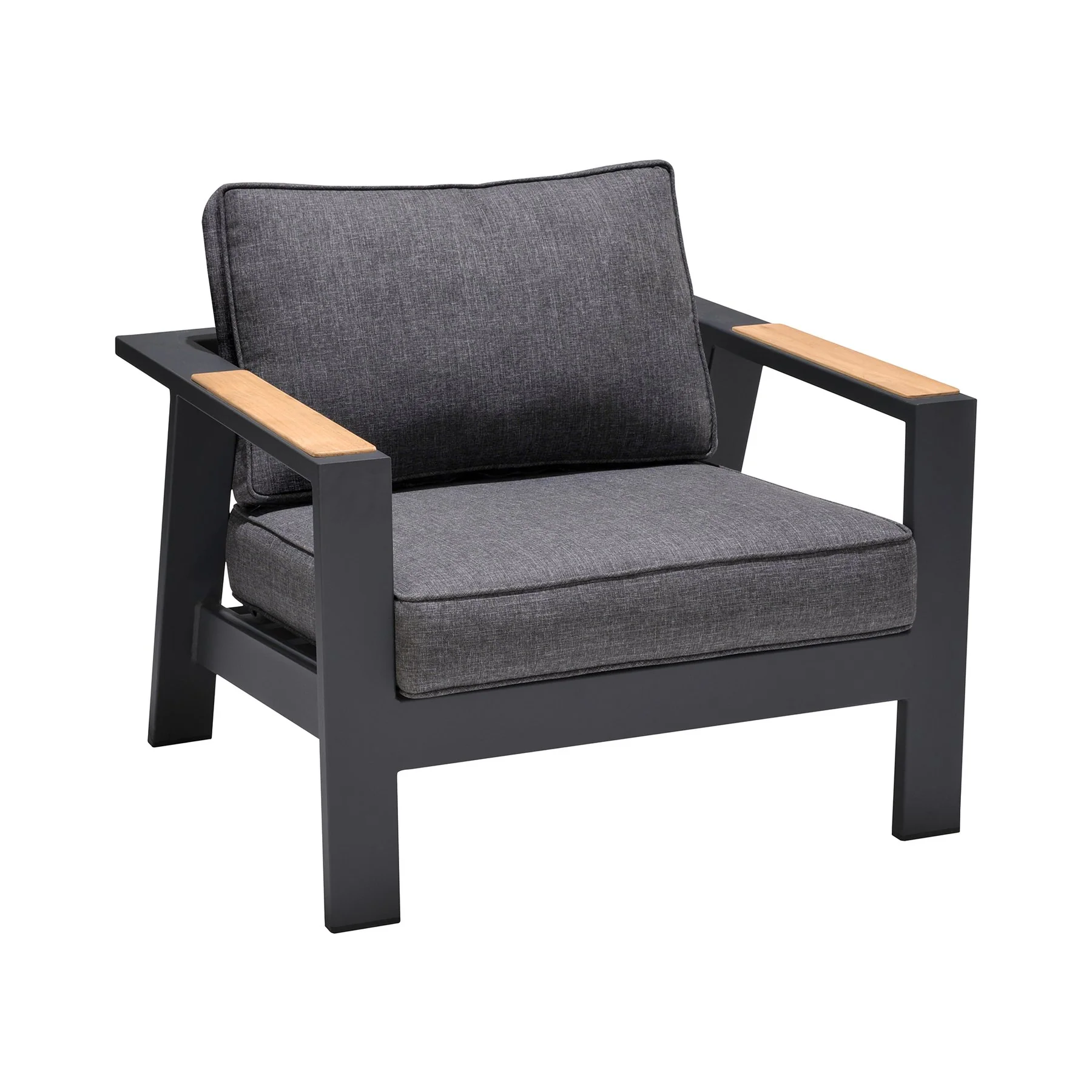 Palau Outdoor Chair in Dark Gray with Natural Teak Wood Accent and Cushions