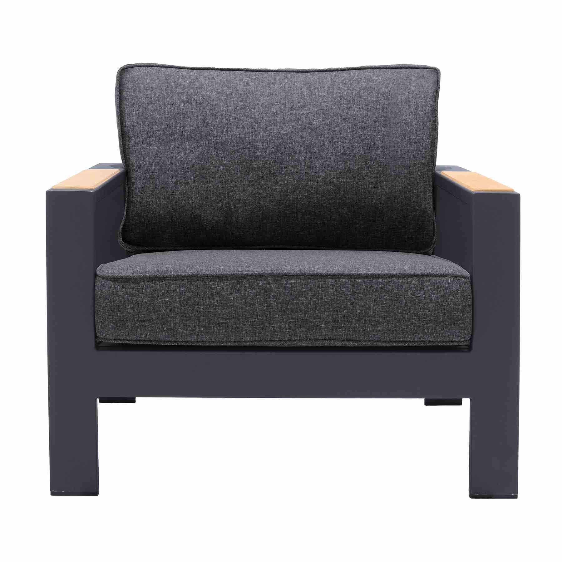 Palau Outdoor Chair in Dark Gray with Natural Teak Wood Accent and Cushions - Image 2
