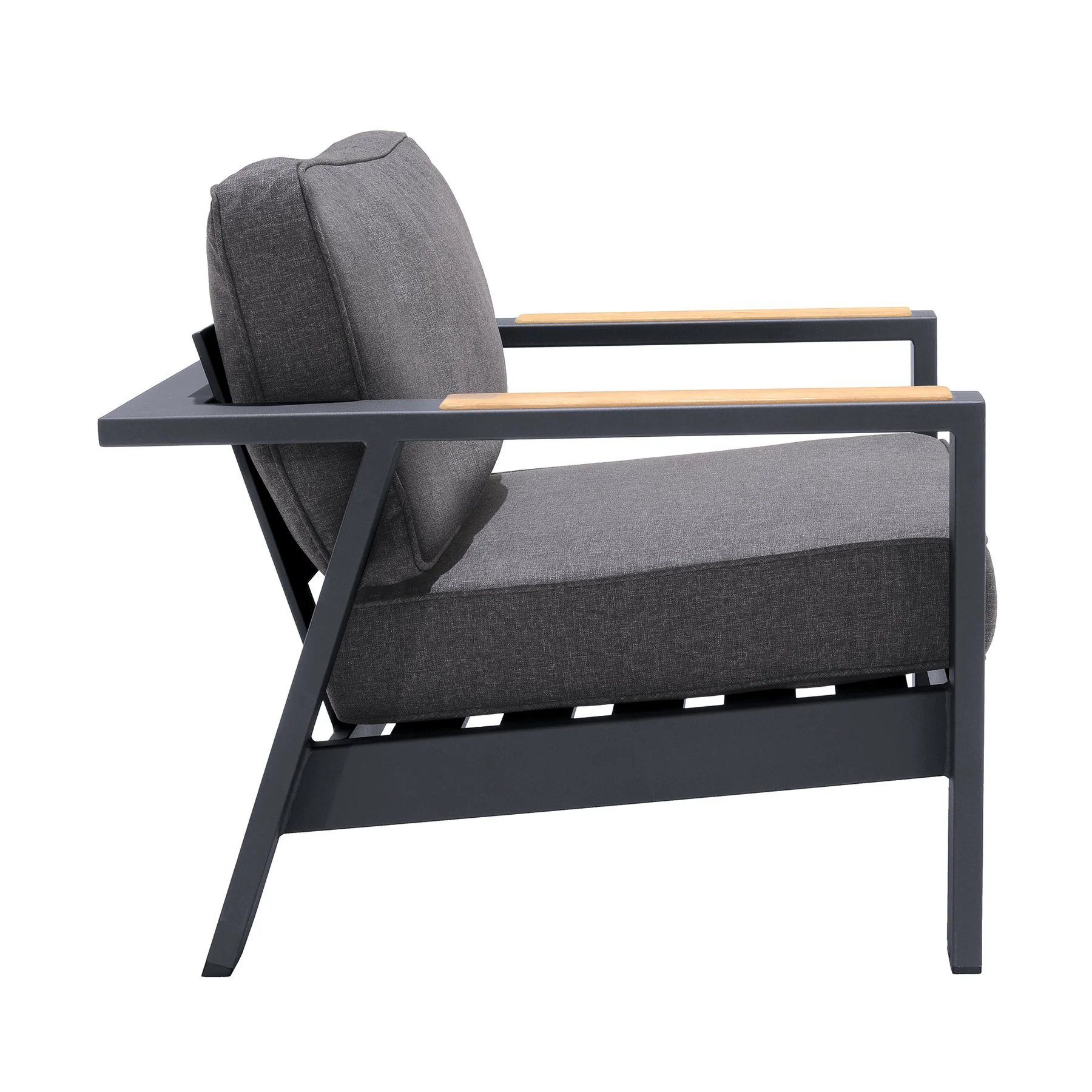 Palau Outdoor Chair in Dark Gray with Natural Teak Wood Accent and Cushions - Image 3