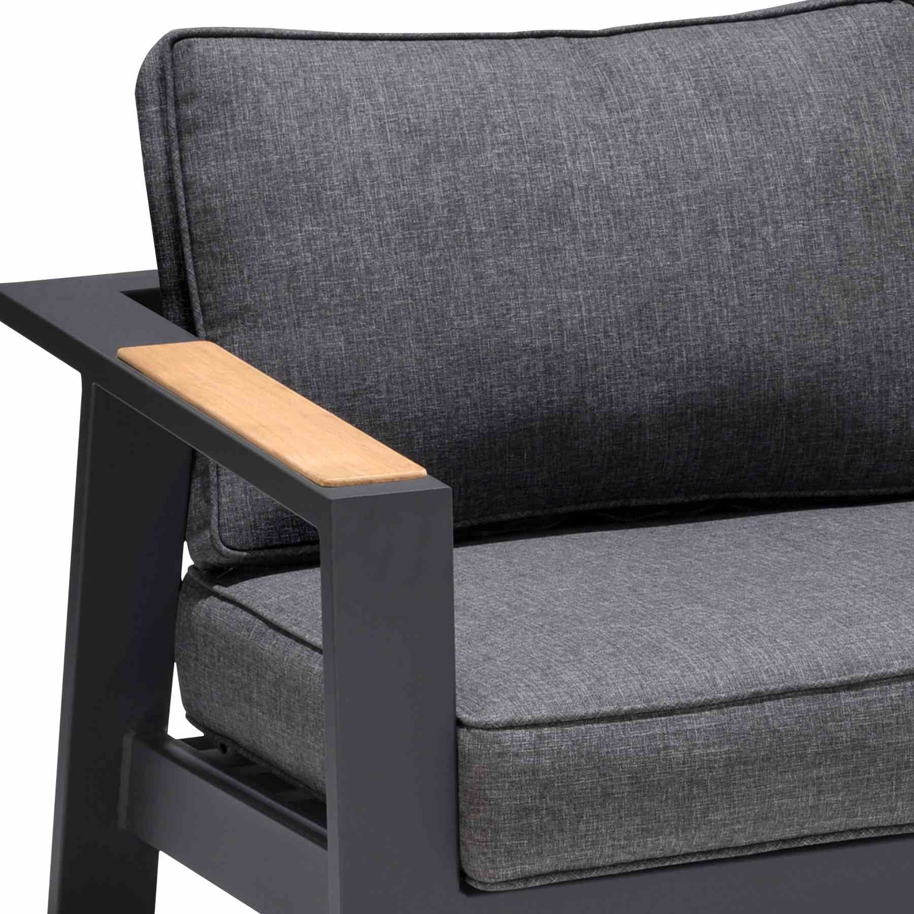 Palau Outdoor Chair in Dark Gray with Natural Teak Wood Accent and Cushions - Image 4