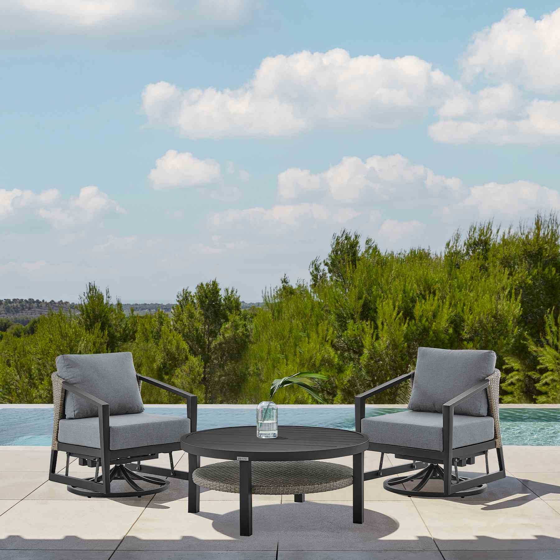 Palma 3 Piece Patio Outdoor Swivel Seating Set in Black Aluminum with Gray Wicker and Cushions - Image 12