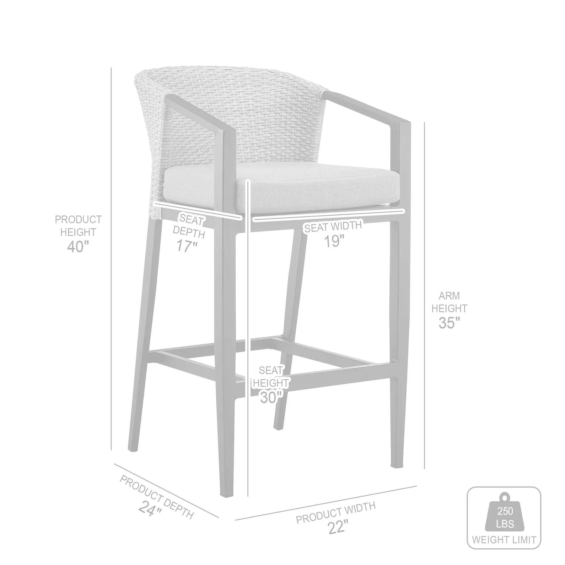 Palma Outdoor Patio Bar Stool in Aluminum and Wicker with Gray Cushions - Image 8