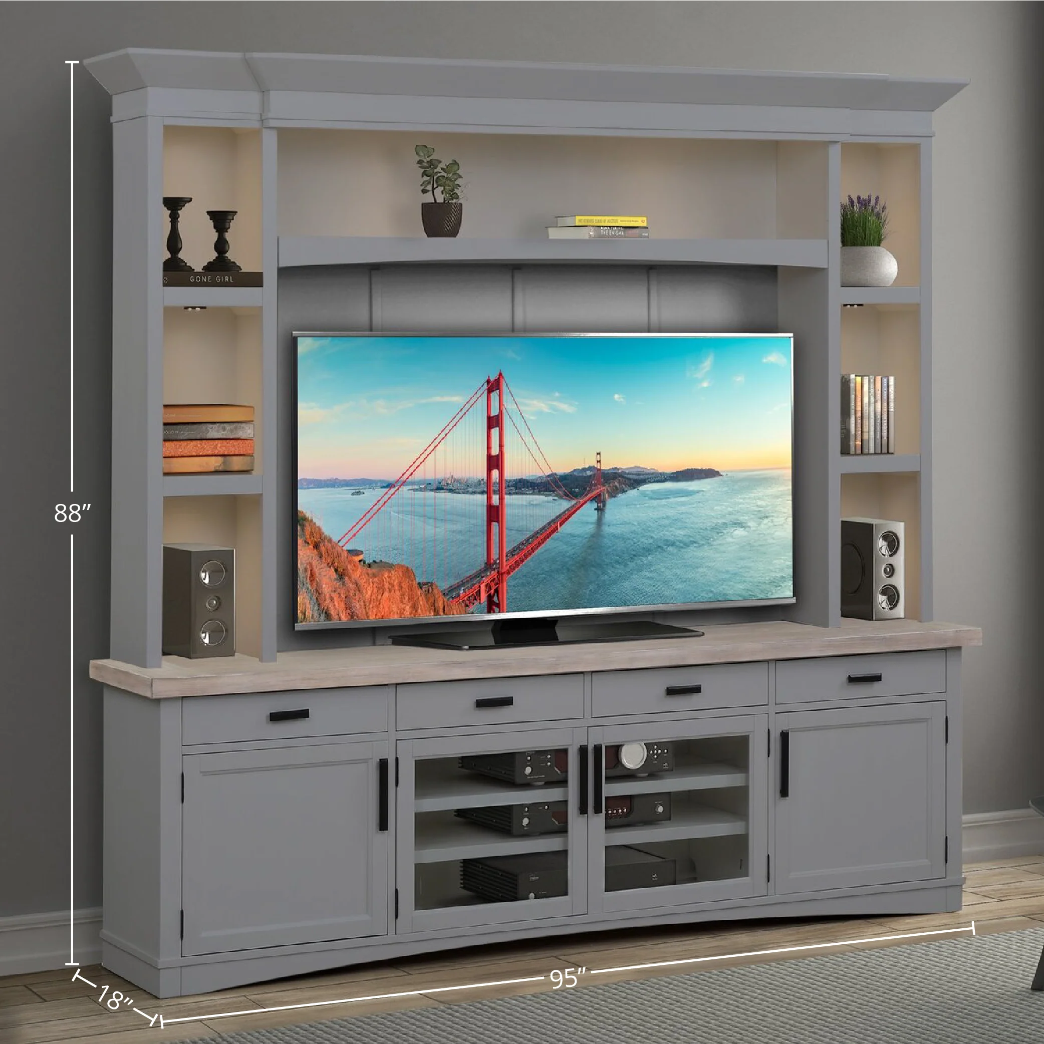 Parker House Americana Modern - Dove 92 In. TV Console with Hutch Back Panel and LED Lights - Image 5