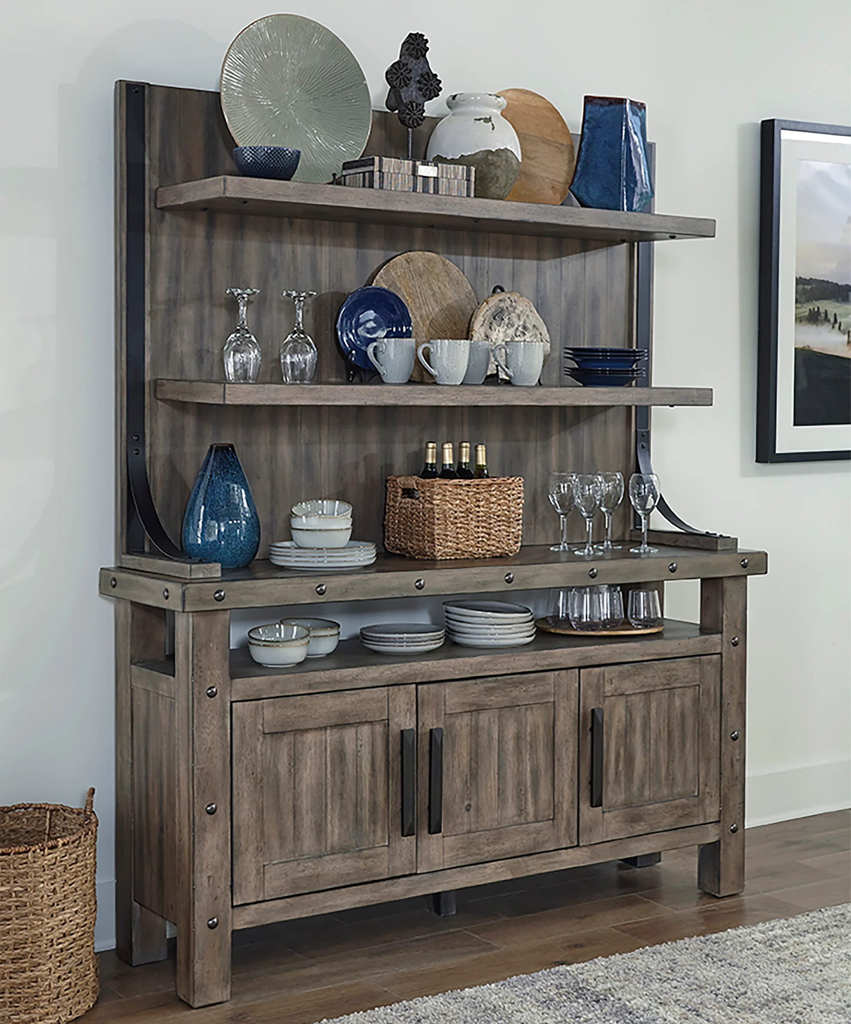 Parker House Lodge Dining Counter Table with 2 Sling Stools 6 X-Back Stools Buffet with Hutch - Image 3