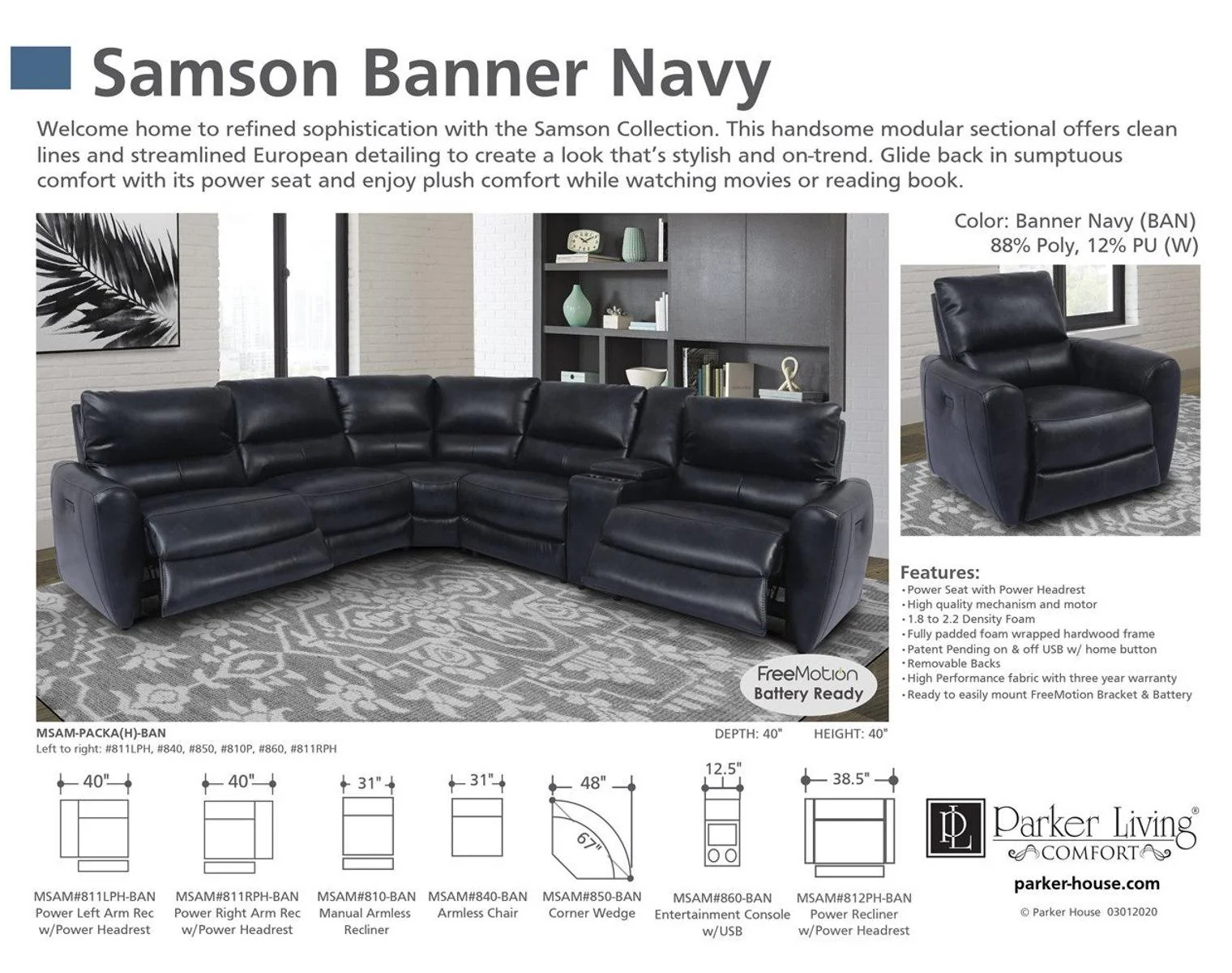 Parker House Samson Power Right Arm Facing Recliner in Banner Navy - Image 5
