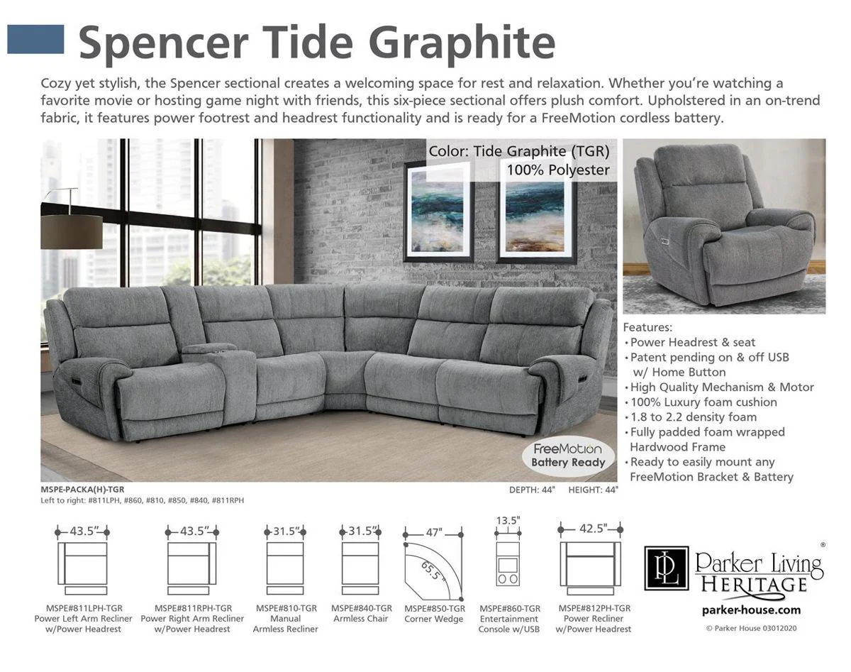 Parker House Spencer Power Right Arm Facing Recliner in Tide Graphite - Image 3