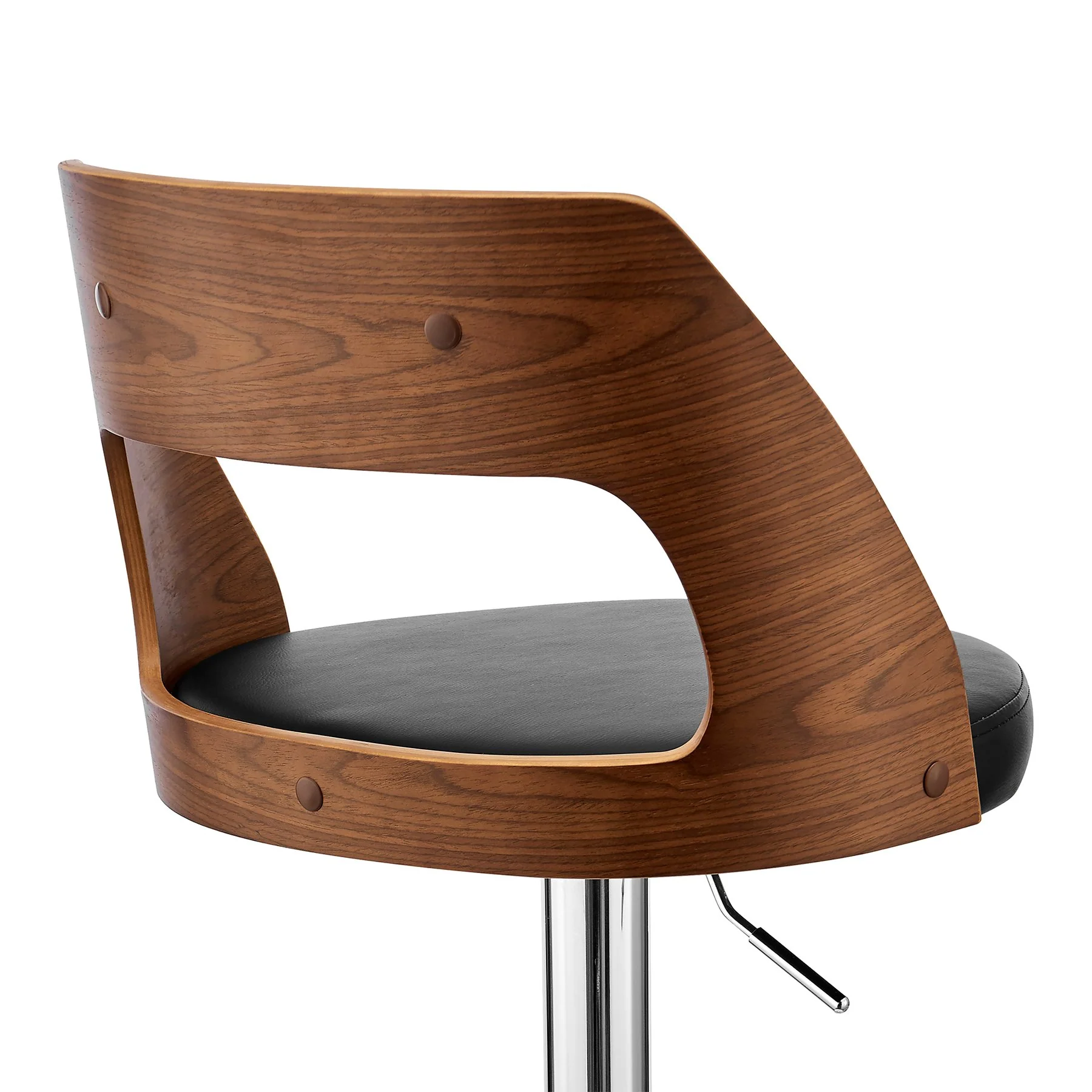 Paulo Adjustable Swivel Black Faux Leather and Walnut Wood Bar Stool with Chrome Base - Image 7