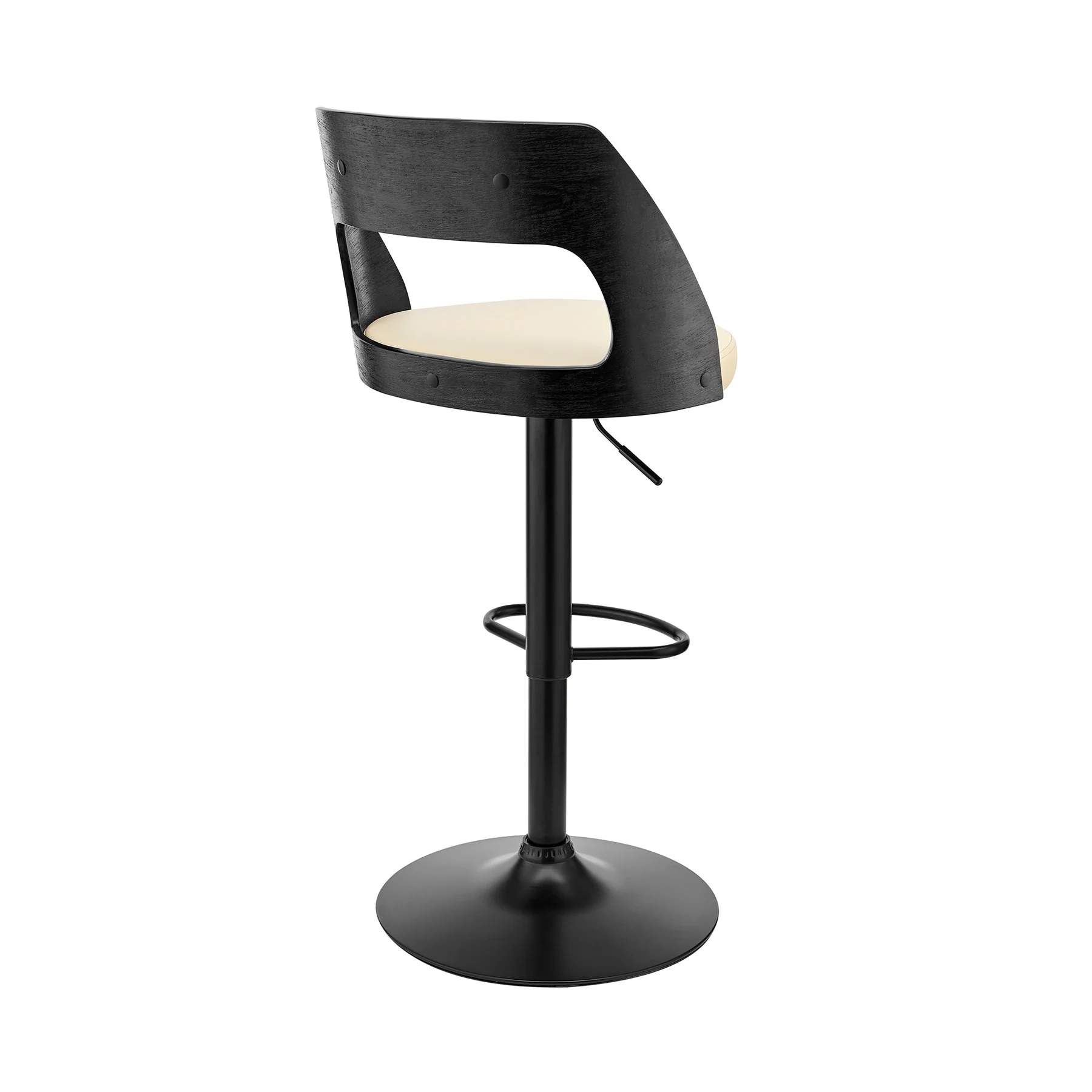 Paulo Adjustable Swivel Cream Faux Leather and Black Wood Bar Stool with Black Base - Image 4
