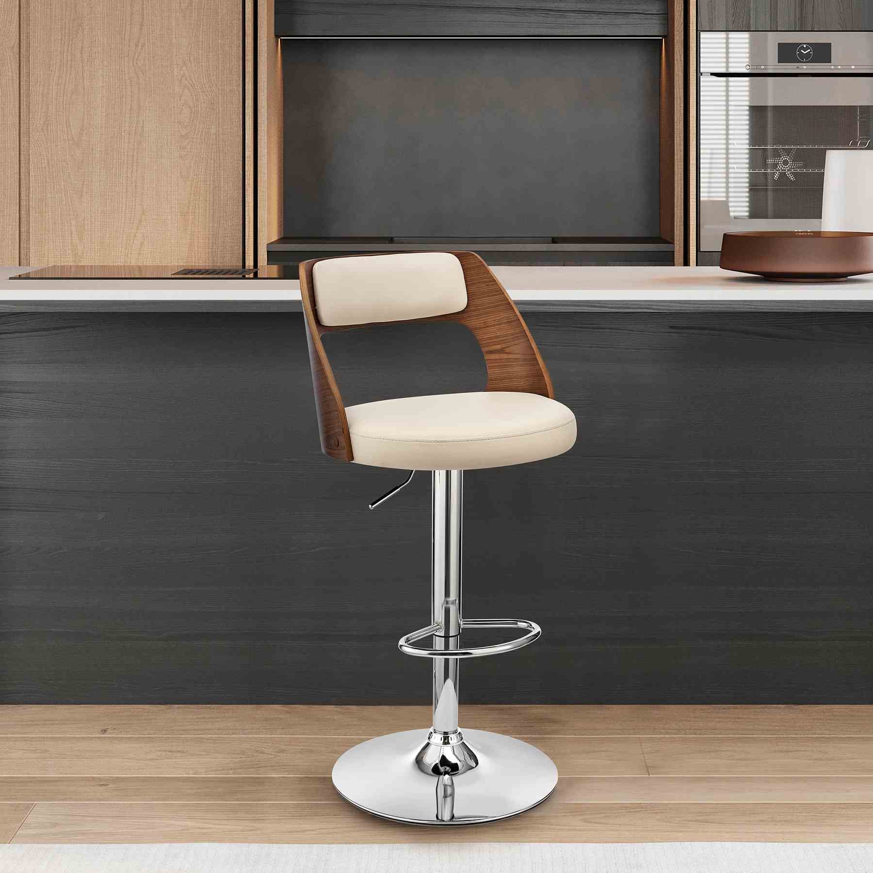 Paulo Adjustable Swivel Cream Faux Leather and Walnut Wood Bar Stool with Chrome Base - Image 10