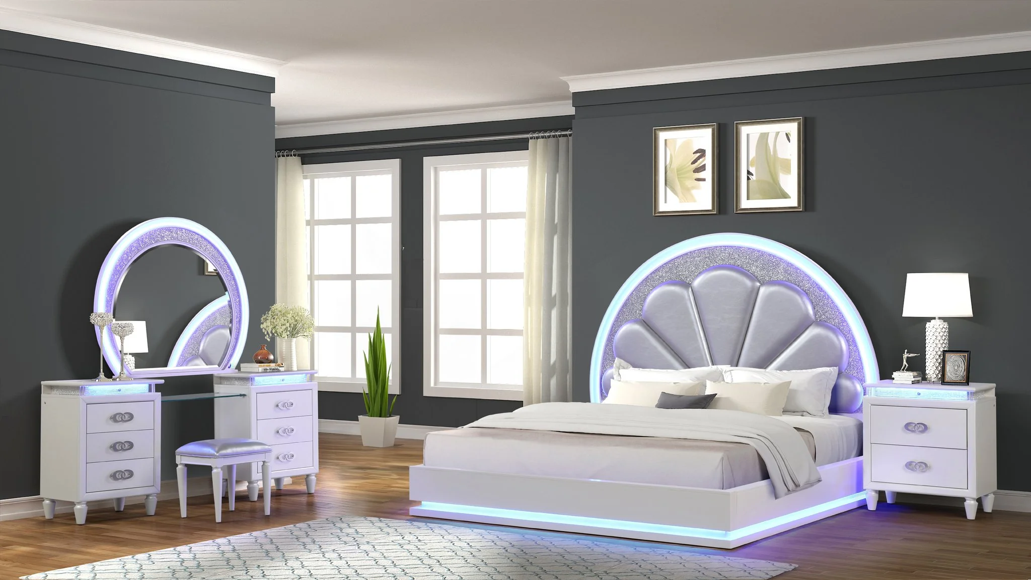 Perla King 4PC with Vanity Bedroom set Milky White
