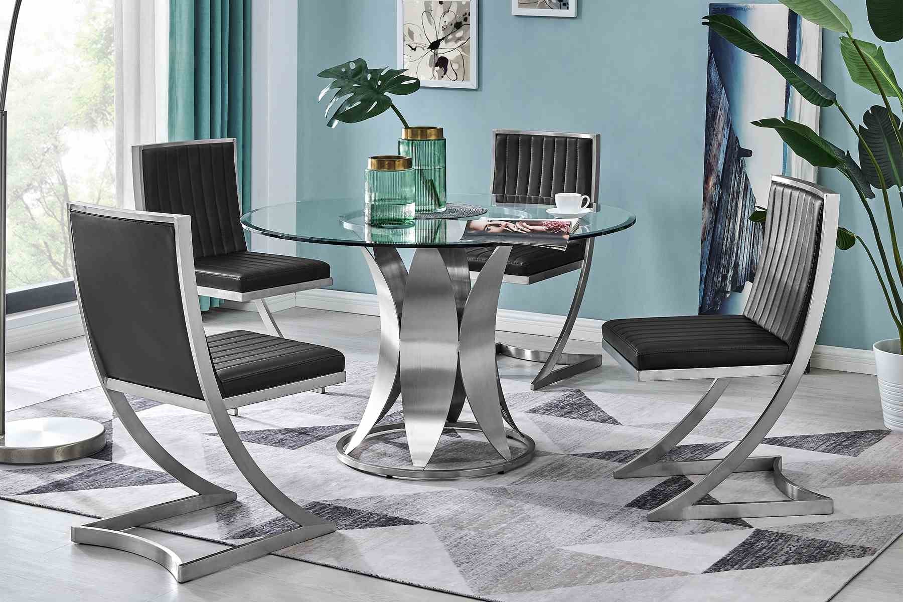 Petal Modern Glass and Stainless Steel Round Pedestal Dining Table - Image 8