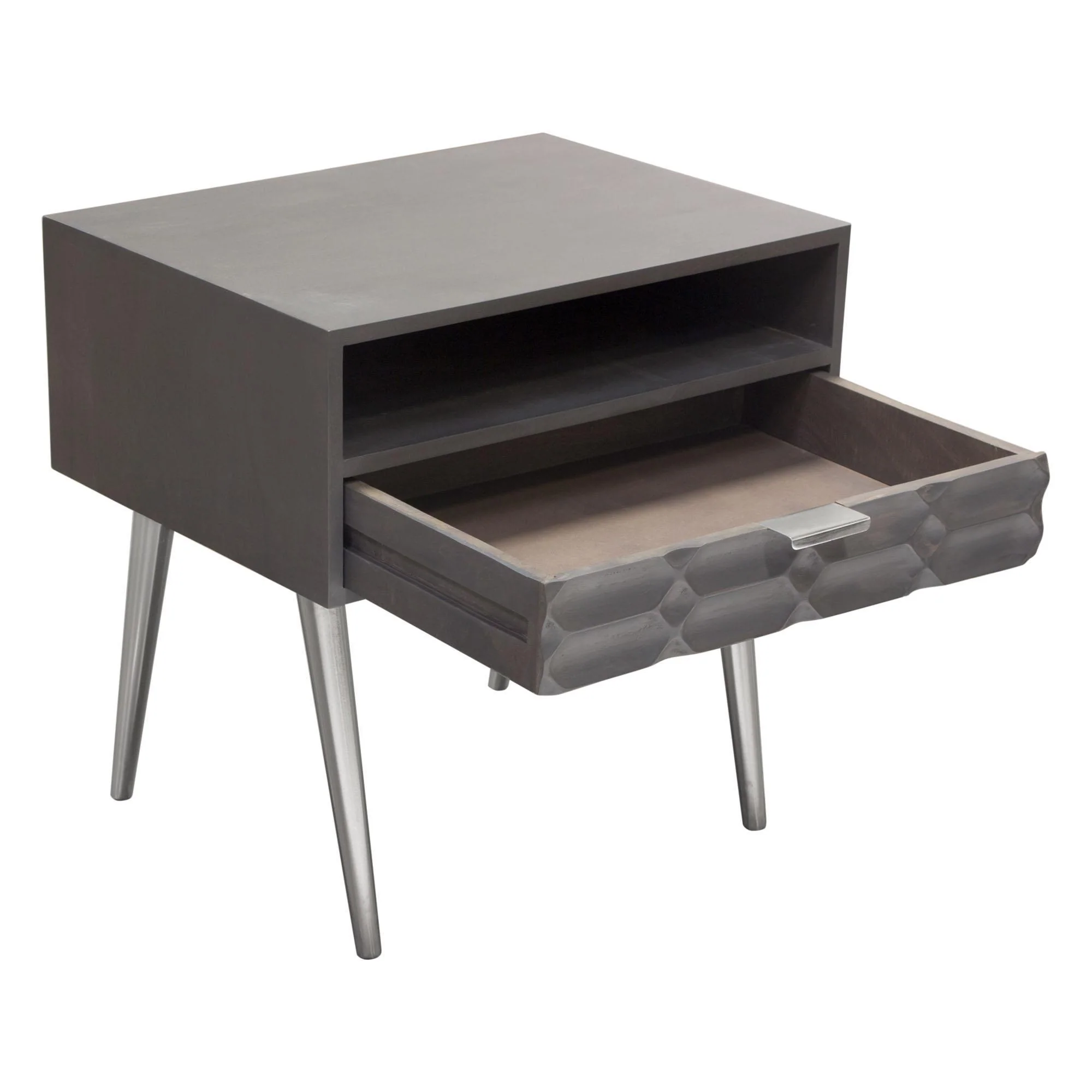 Petra Solid Mango Wood 1-Drawer Accent Table in Smoke Grey Finish w/ Nickel Legs by Diamond Sofa - Image 4