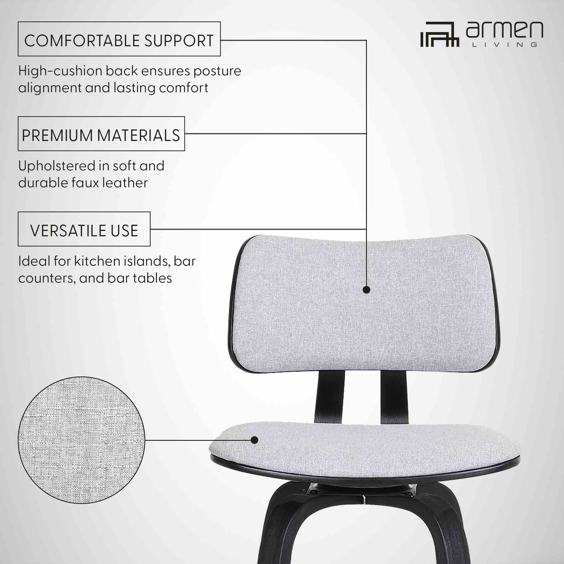 Pico 26" Swivel Black Wood Counter Stool in Light Gray Fabric with Black Metal - Image 11