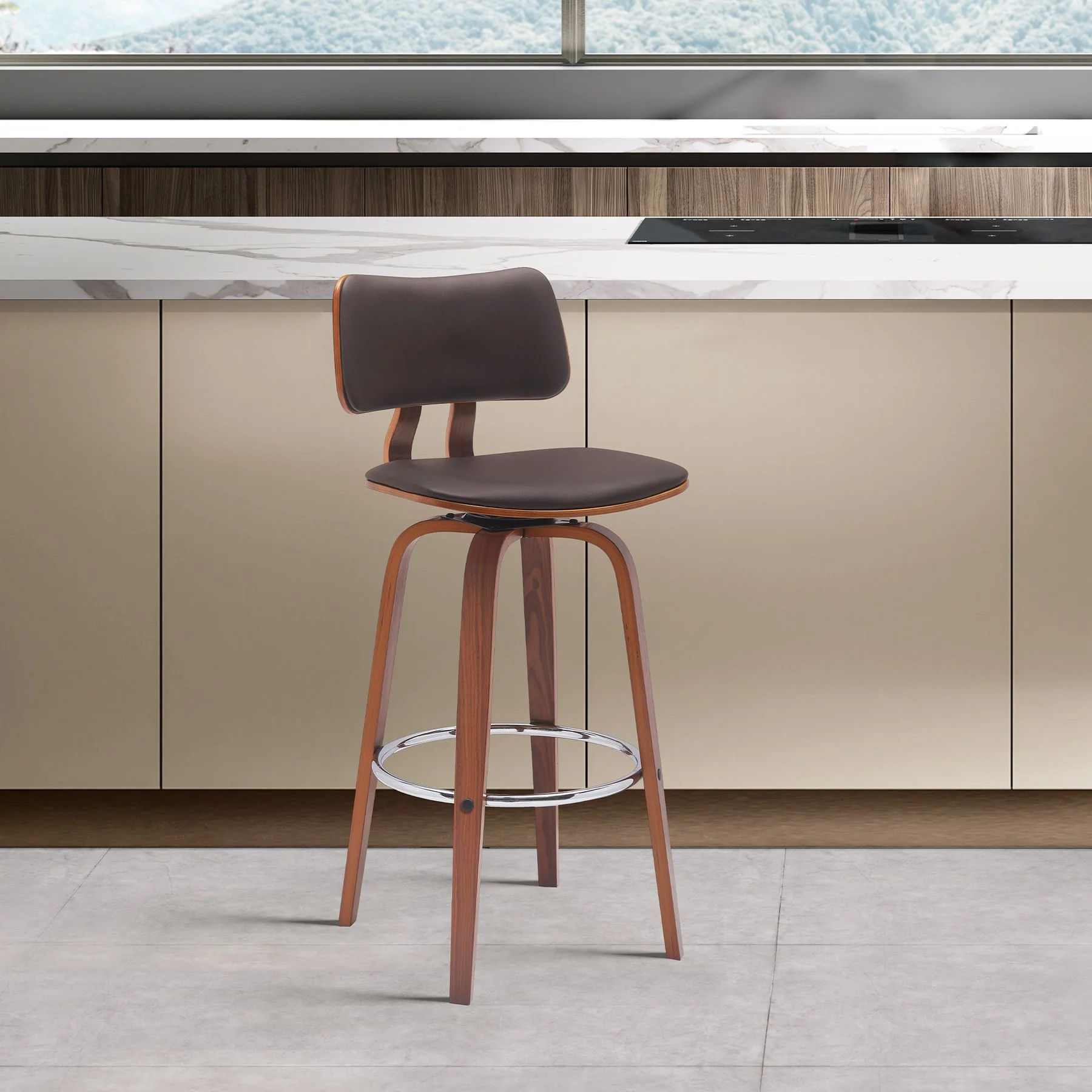 Pico 26" Swivel Walnut Wood Counter Stool in Brown Faux Leather with Chrome - Image 9